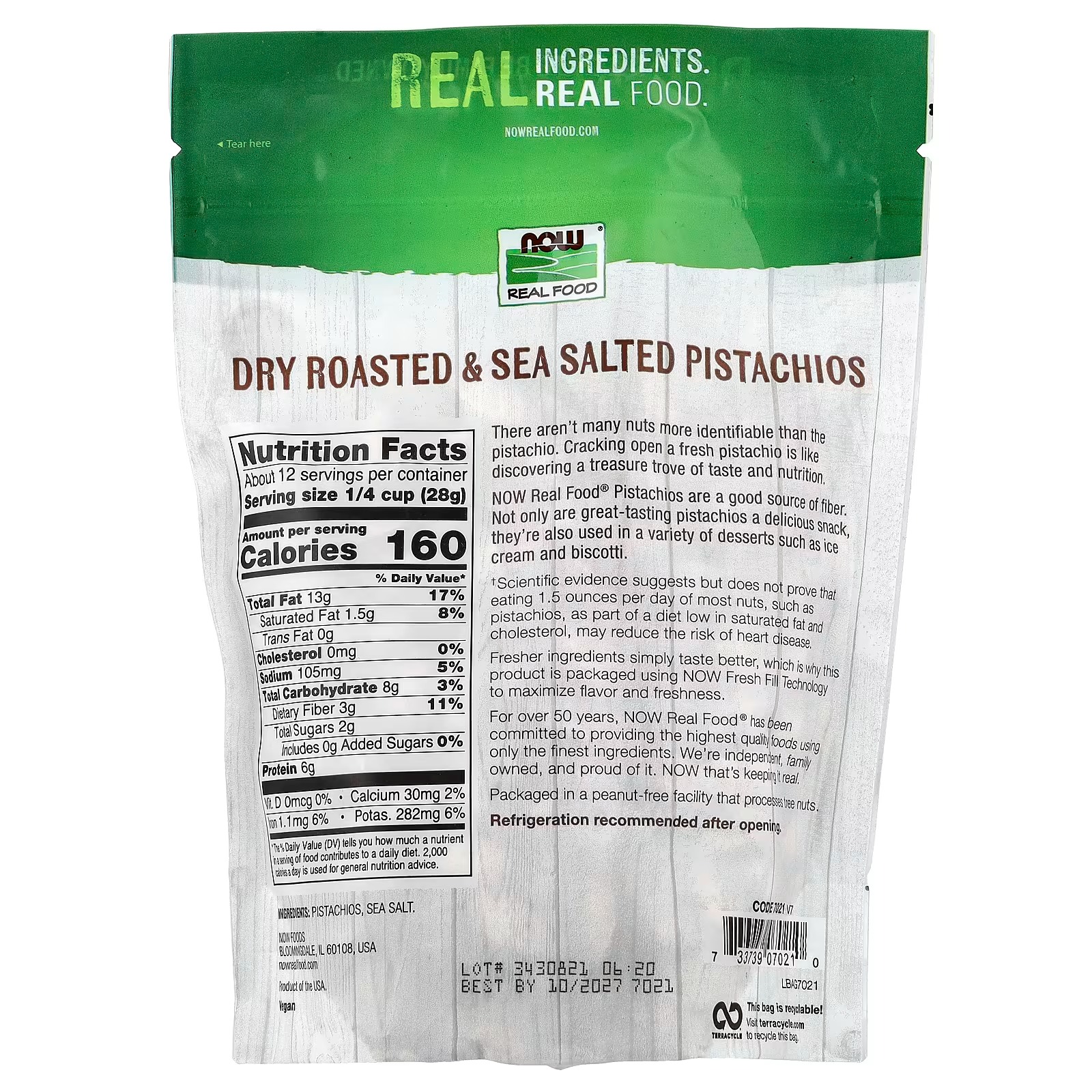 NOW Foods Real Food Pistachios Dry Roasted & Sea Salted (340 g) thumbnail 2