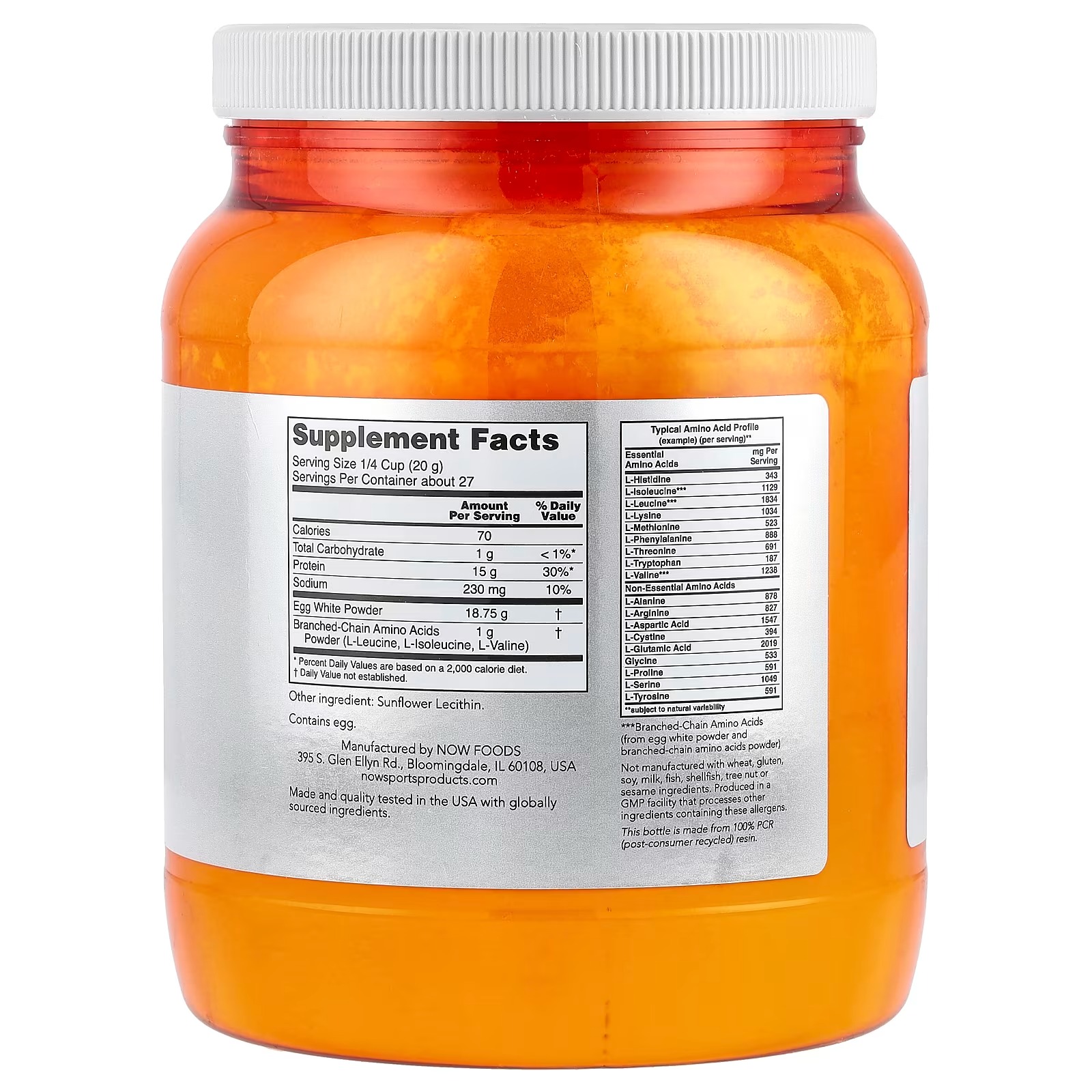 NOW Foods Sports, Egg White Protein with BCAAs Protein Powder Unflavored, 544 g thumbnail 2
