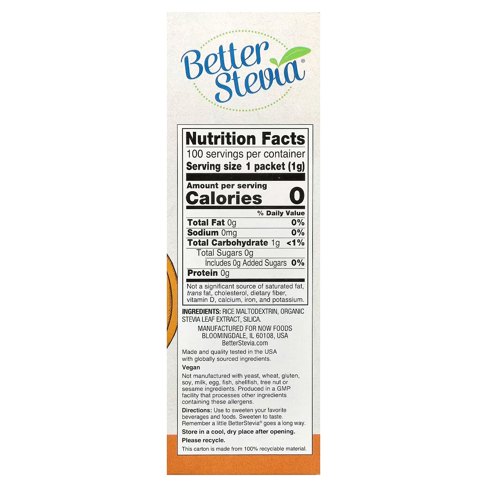 NOW Foods Better Stevia® Zero-Calorie Sweetener Original 100 Packets (100 g) thumbnail 3