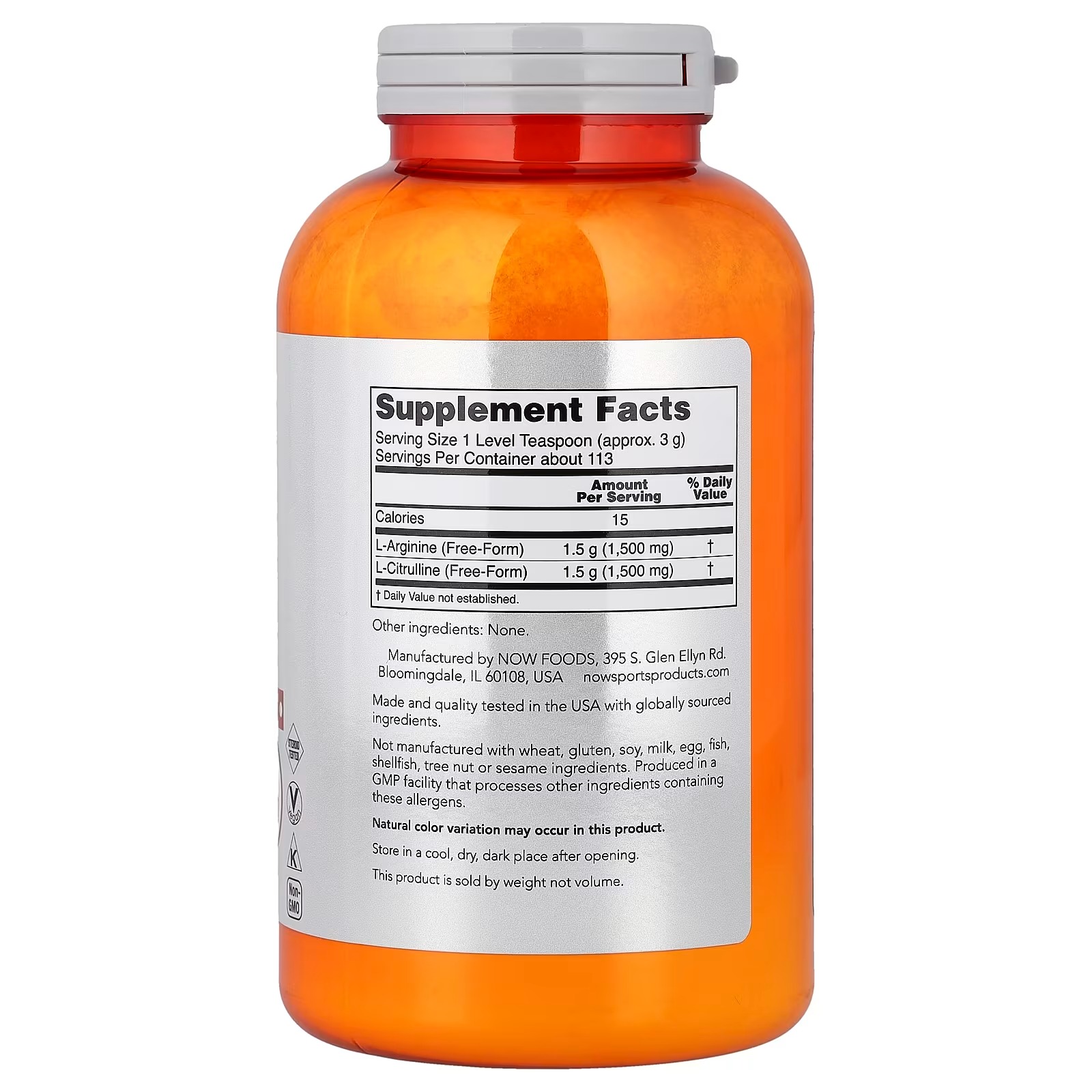 NOW Foods Sports Nutrition Arginine & Citrulline Powder Amino Acid 340 g thumbnail 2