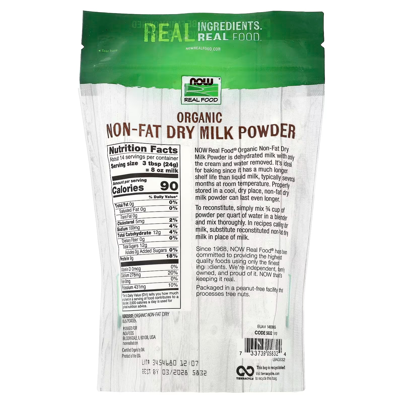 NOW Foods Organic Non-Fat Dry Milk Powder with Protein and Calcium 340 g thumbnail 2