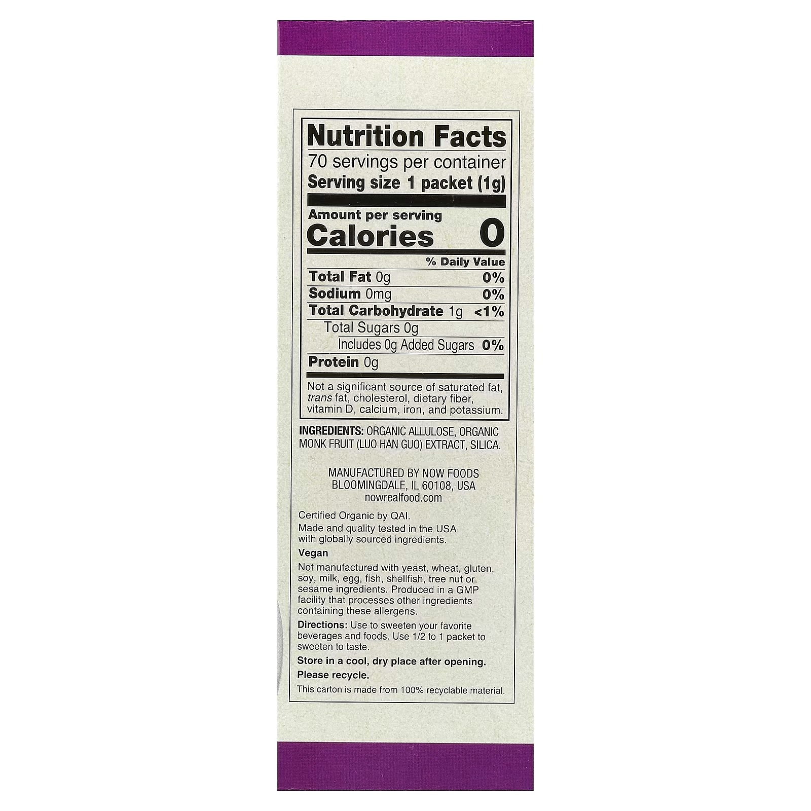 NOW Foods Organic Monk Fruit Zero-Calorie Sweetener 70 Packets (1 g) thumbnail 2