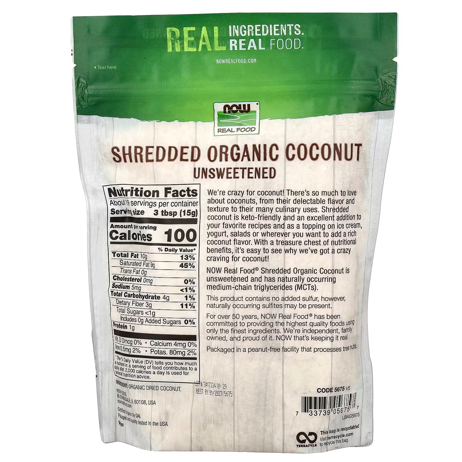 NOW Foods Real Food Organic Coconut Unsweetened, Shredded  (284 g) thumbnail 2