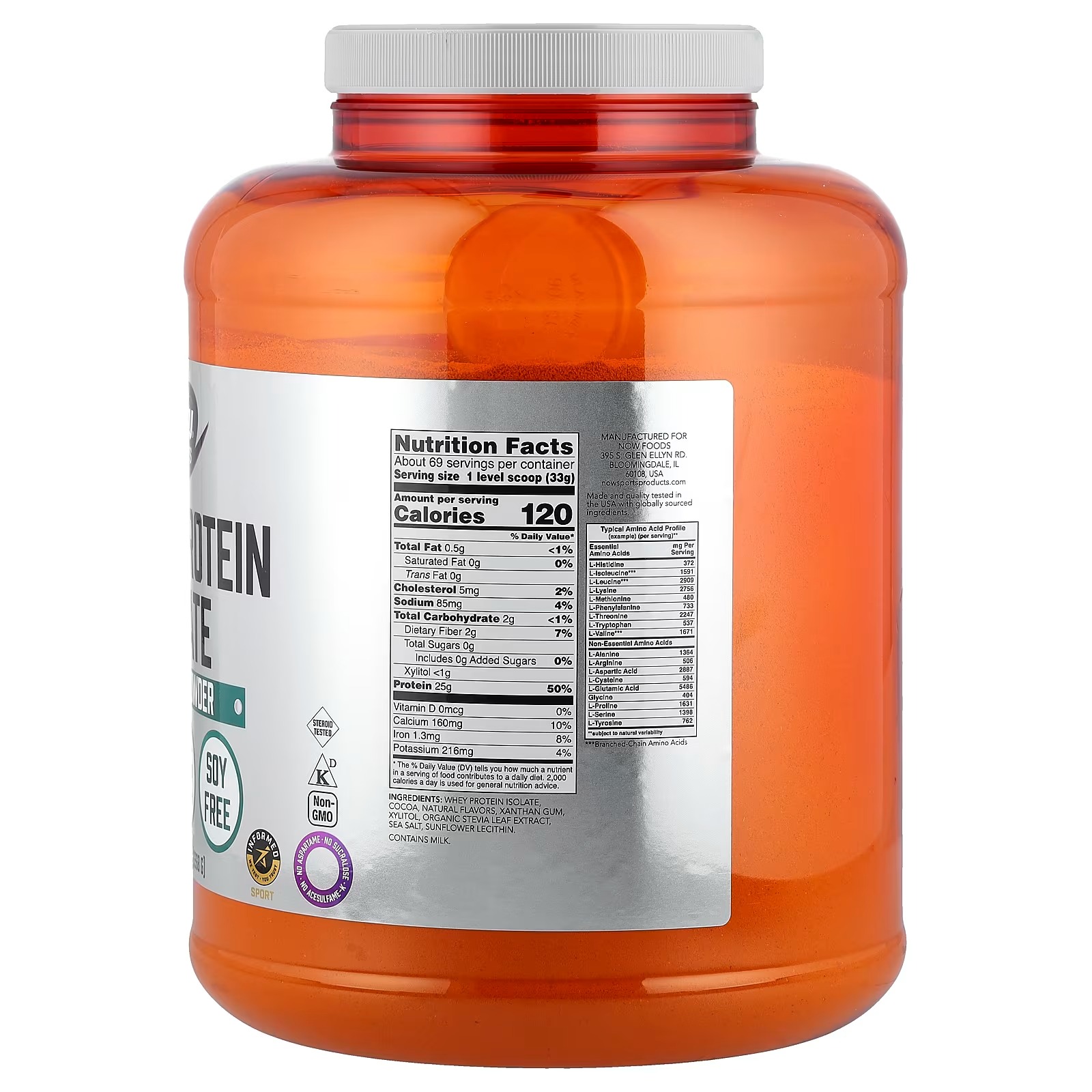 NOW Foods Sports Nutrition Whey Protein Isolate 25 G With BCAAs Creamy Chocolate Powder 2,268 g thumbnail 2