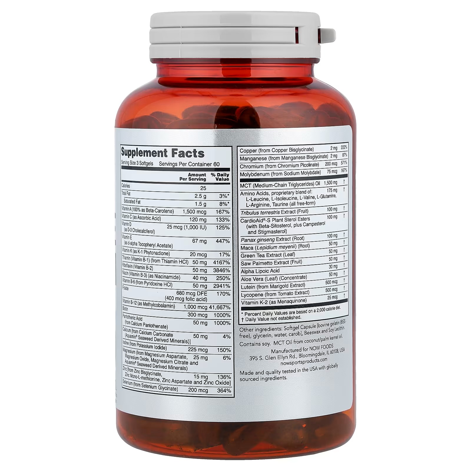 NOW Foods Sports Nutrition Men's Extreme Sports Multi with Free-Form Amino Acids ZMA®, Tribulus, MCT Oil and Herbal Extracts 180 Softgels thumbnail 2