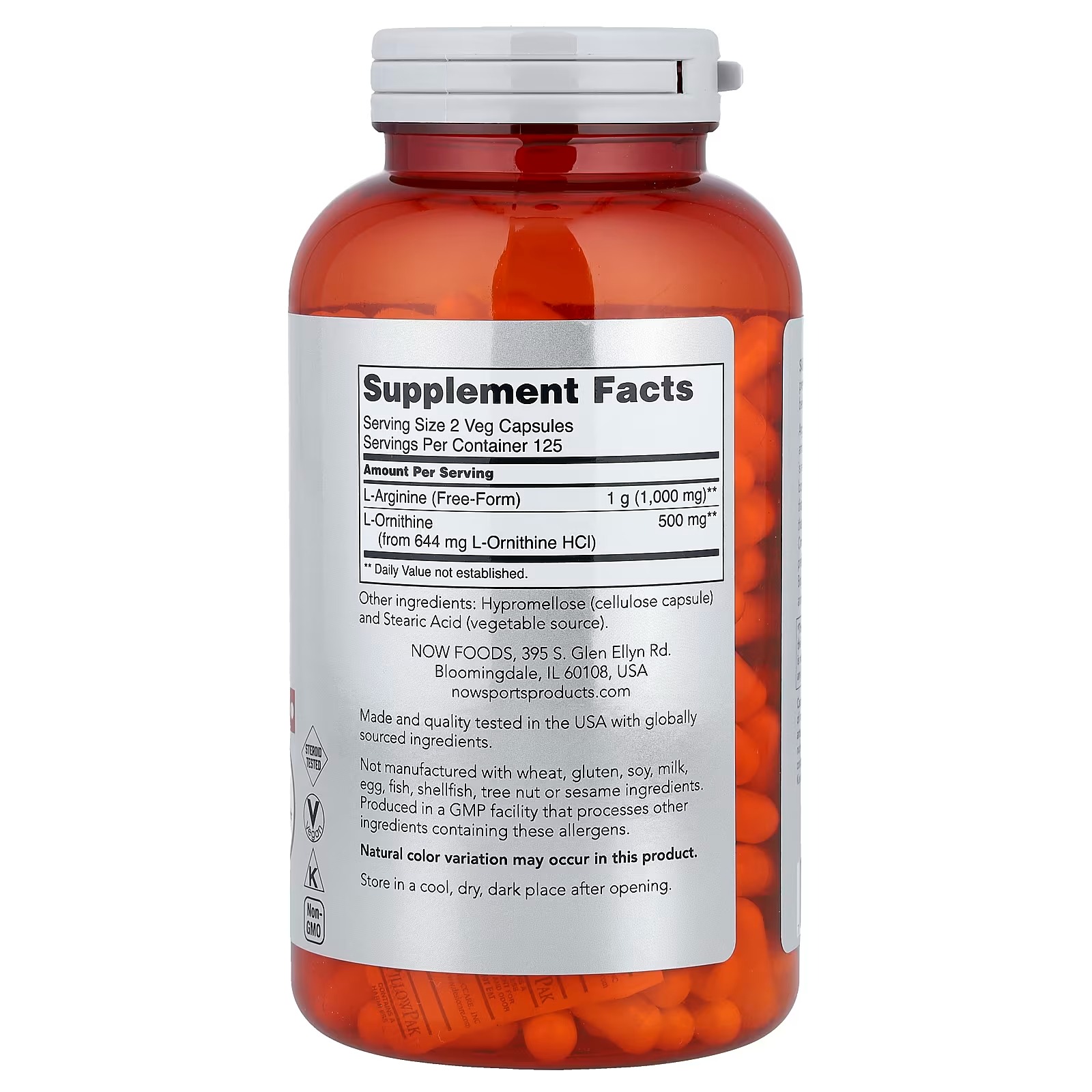 NOW Foods Sports Nutrition Arginine & Ornithine 500/250 mg Amino Acids 250 Veg Capsules thumbnail 2