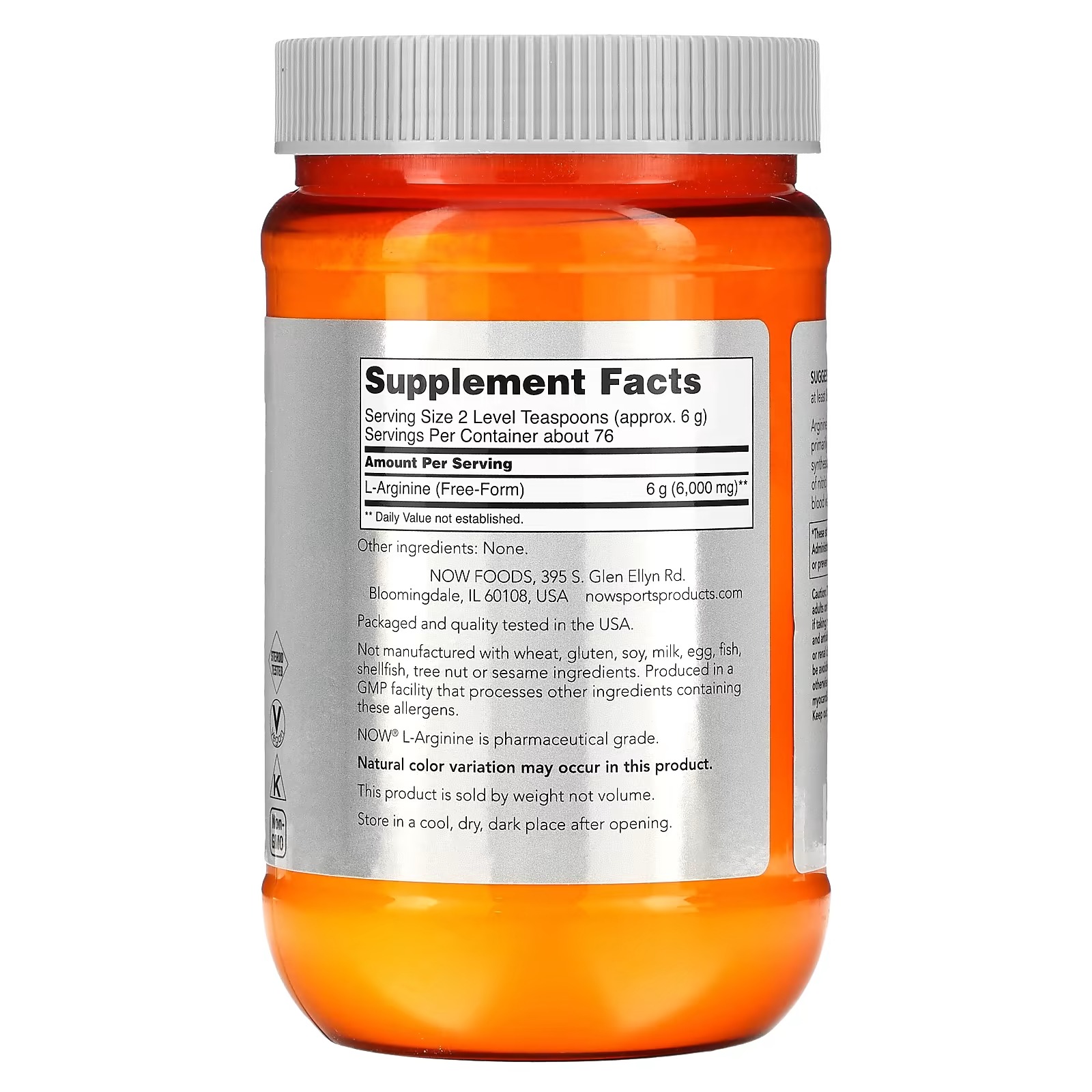 NOW Foods Sports Nutrition L-Arginine Powder Nitric Oxide Precursor Amino Acids 454 g thumbnail 2