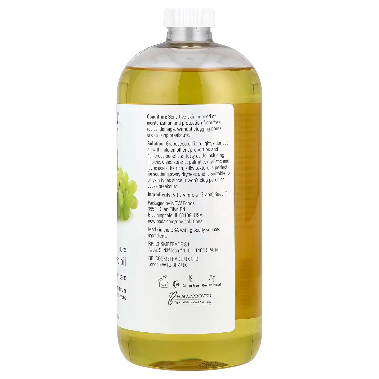 NOW Foods Solutions Pure Grapeseed Oil All Skin Types (946 ml) thumbnail 2