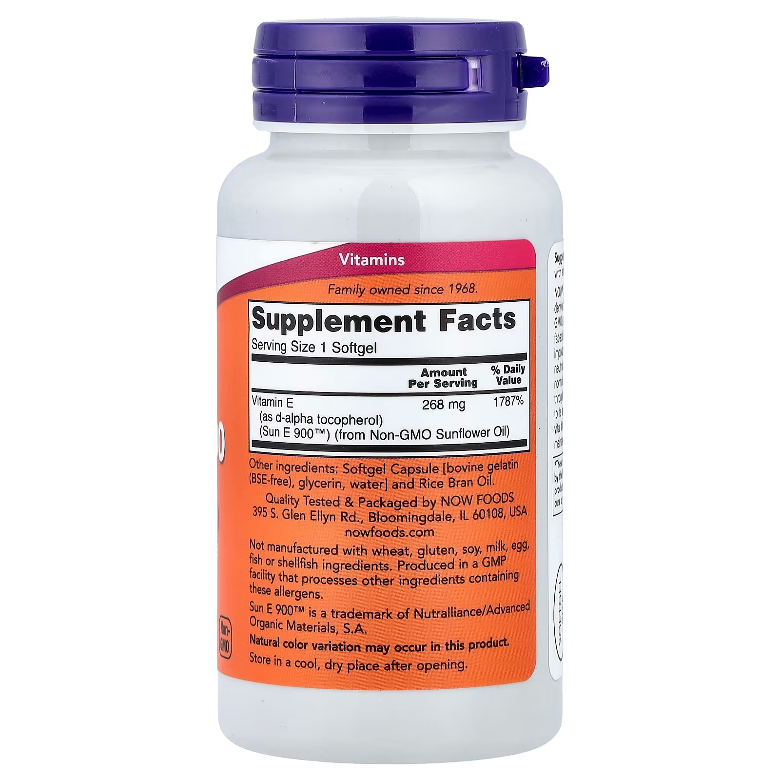 NOW Foods Sun-E™ 400 IU with d-alpha Tocopherol from Non-GMO Sunflower Oil 60 Softgels thumbnail 2