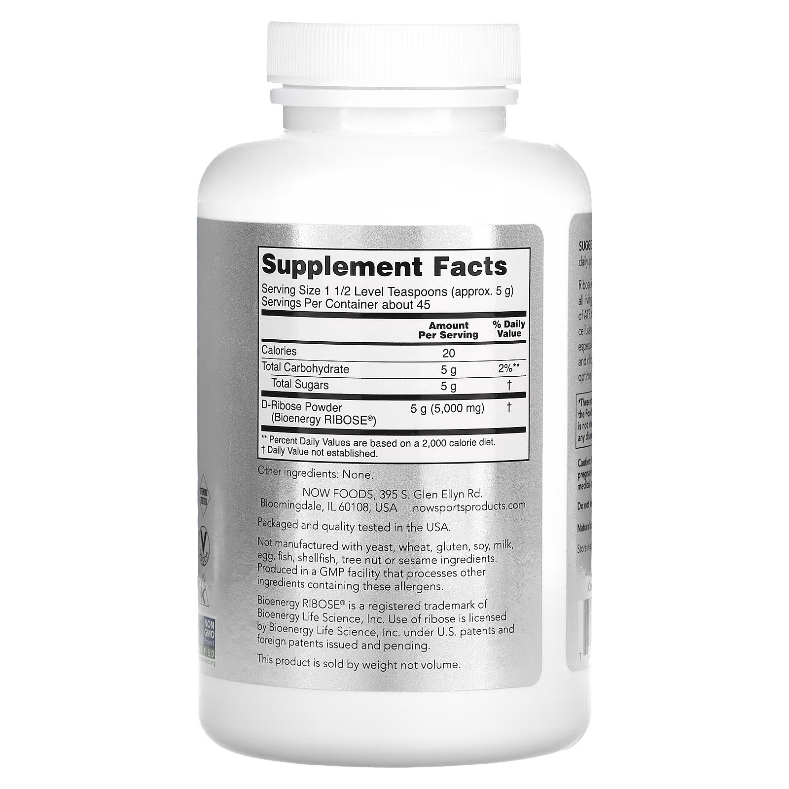 NOW Foods Sports Nutrition D-Ribose Powder 5,000 mg Certified Non-GMO Energy Production 227g thumbnail 2