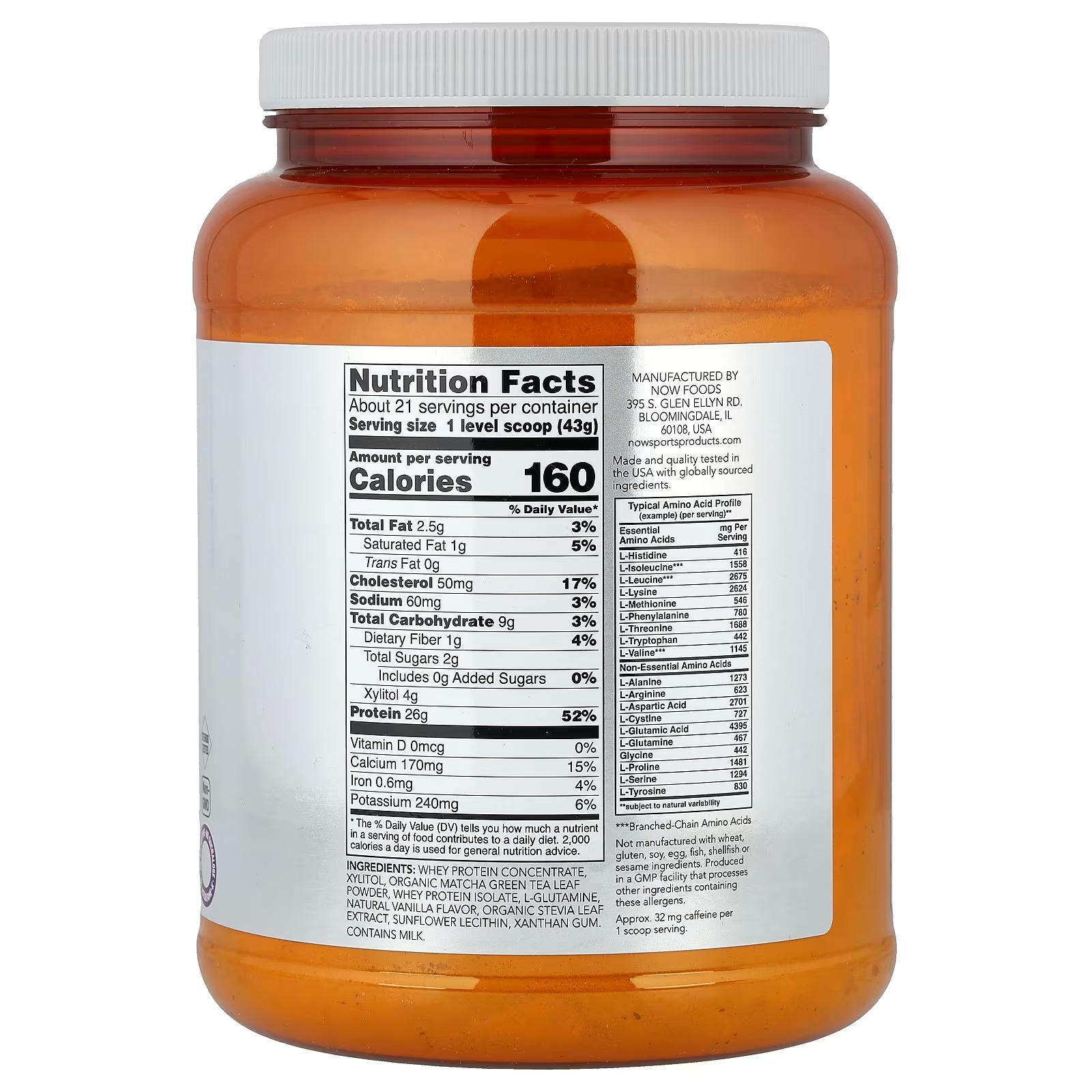 Now Foods Sports Whey Protein 26 g with BCAAs Matcha Powder 907 g thumbnail 2