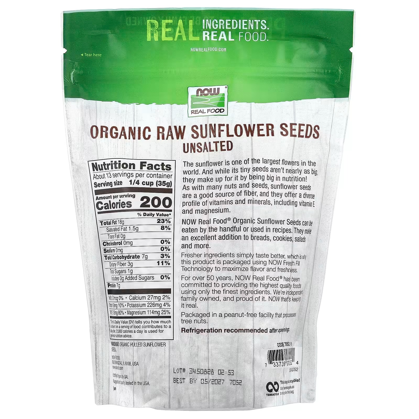 NOW Foods Certified Organic Sunflower Seeds Raw and Unsalted Source of Fiber and Vitamin E Hulled for Great Tastry 454 g thumbnail 2