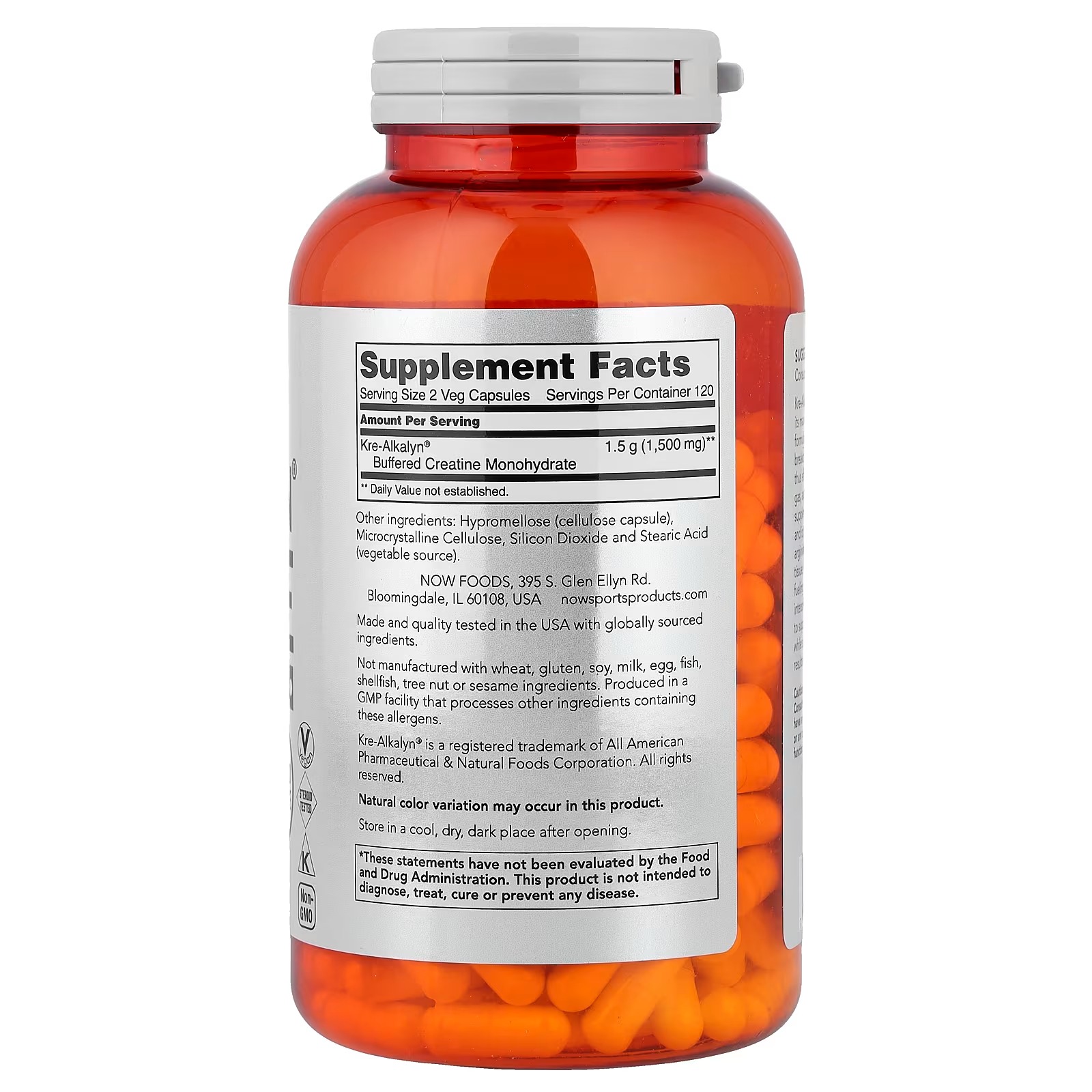 NOW Foods Sports Nutrition Kre-Alkalyn Creatine 750 mg Mass Building Energy Production 240 Veg Capsules thumbnail 2