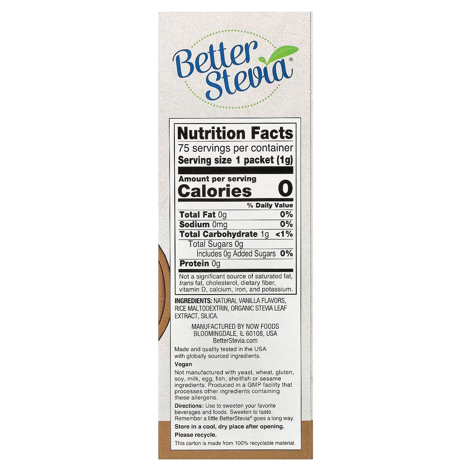 NOW Foods BetterStevia® French Vanilla 75 Packets | Zero-Calorie Stevia Sweetener thumbnail 2