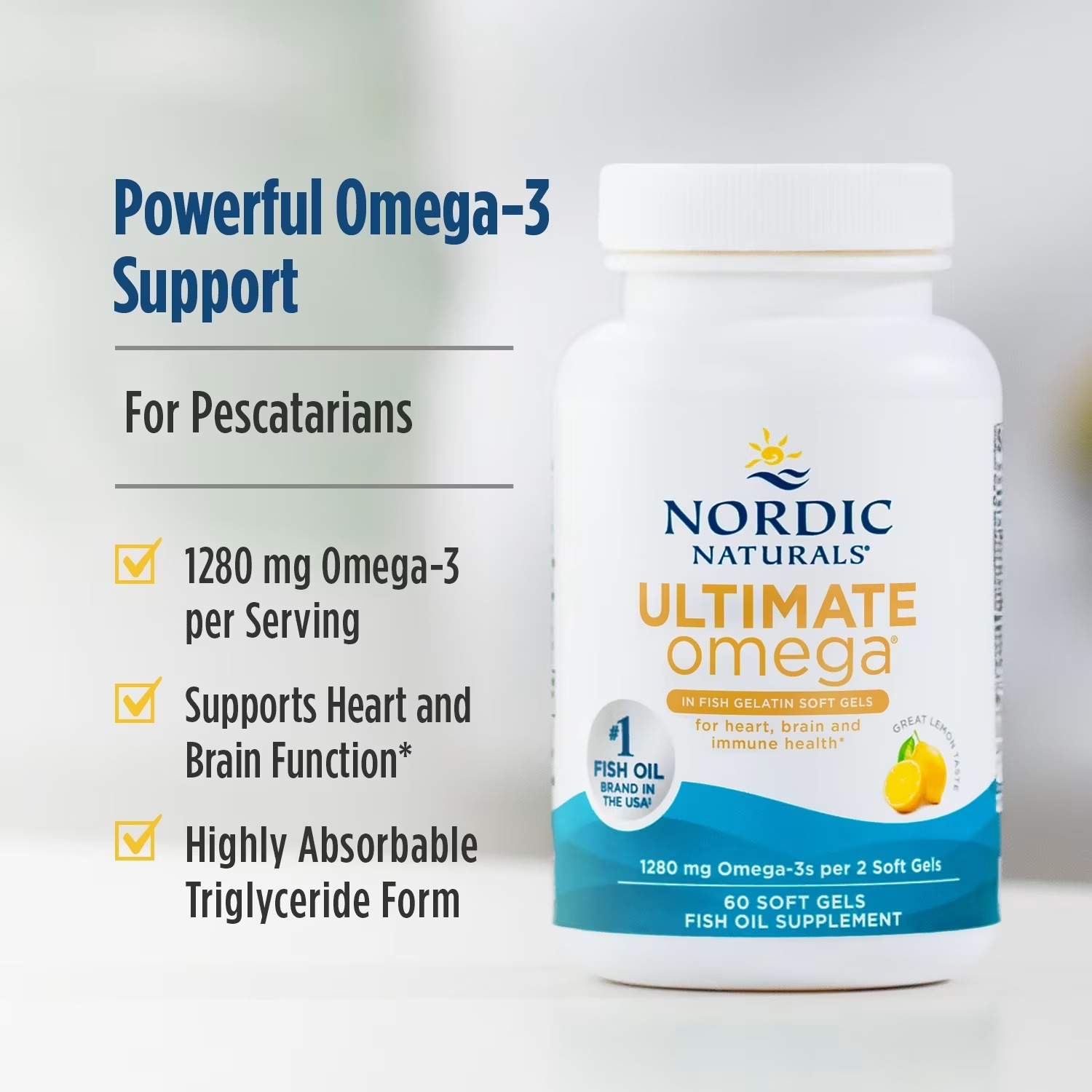 Nordic Naturals Ultimate Omega 1280mg Omega-3 Fish Oil Lemon - 60 Count | High-potency Omega-3 Fish Oil with EPA & DHA supports brain & heart health 60 Softgels. thumbnail 4