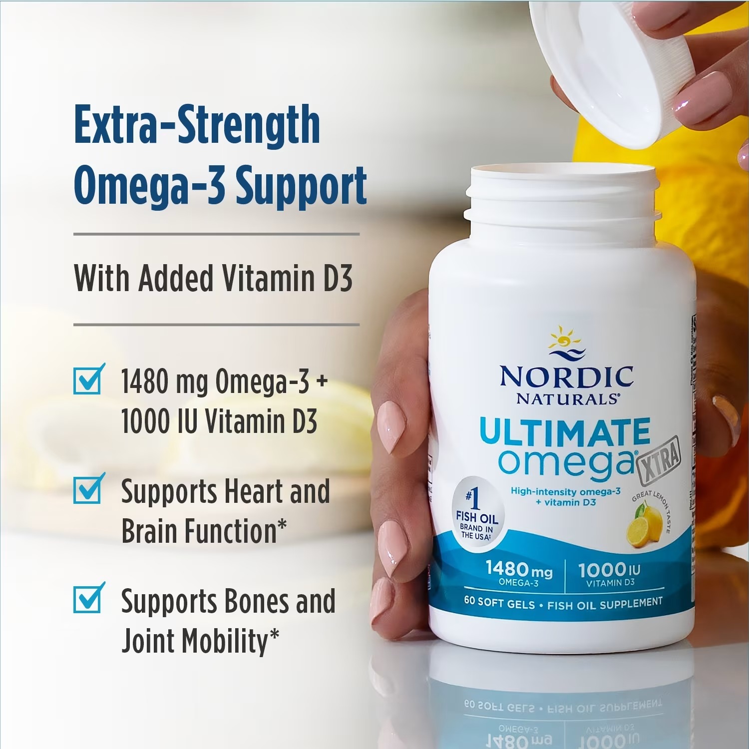 Nordic Naturals Ultimate Omega Xtra, 1480mg + 1000 IU D3 EPA&DHA| Brain heart & immune support  60 Softgels thumbnail 3
