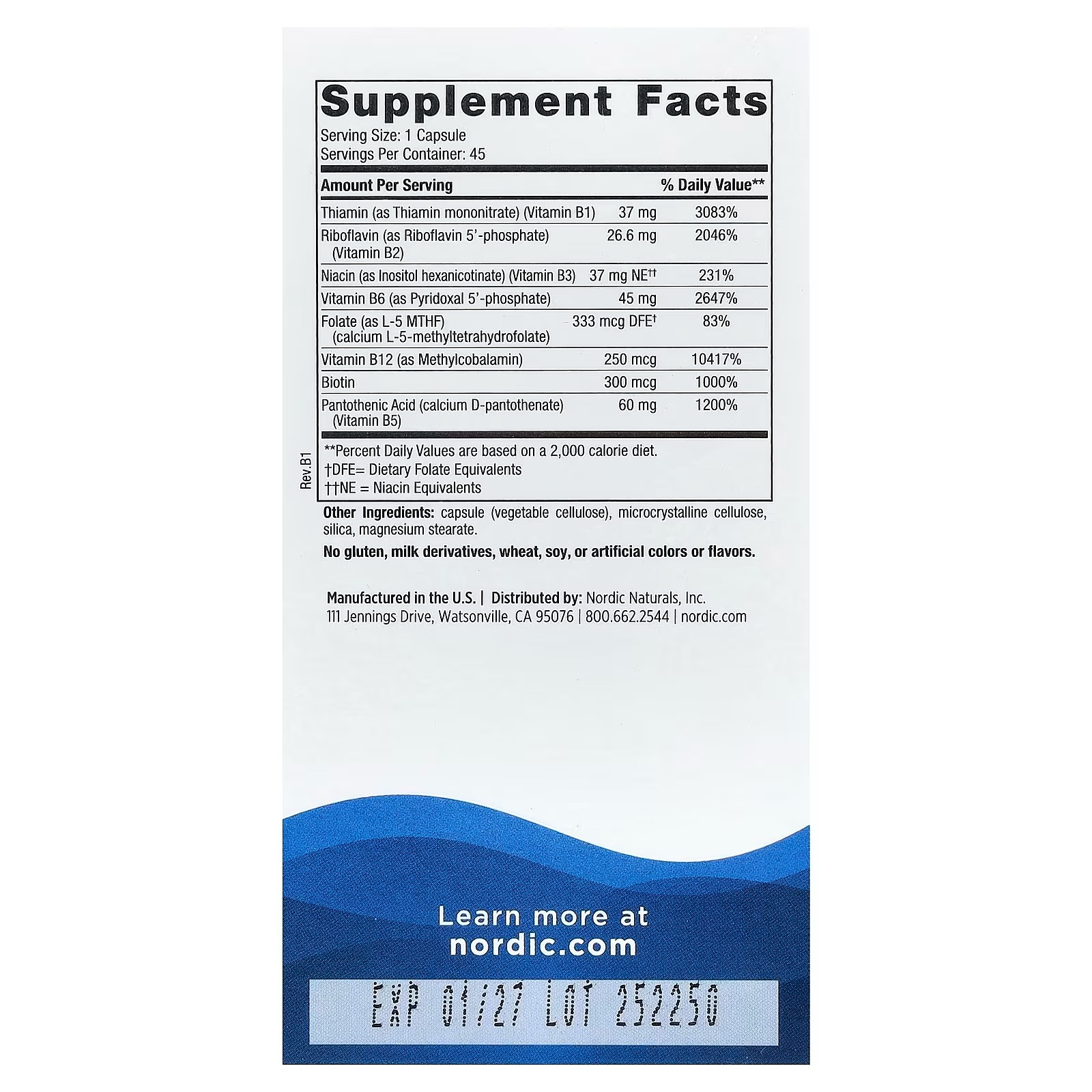 Nordic Naturals Vitamin B Complex Energy Metabolism - 45 Capsules | 8 essential B vitamins: B1 Thiamine B2 Riboflavin B3 Niacin B6 B12 B9 Folate B7 Biotin B5 thumbnail 2