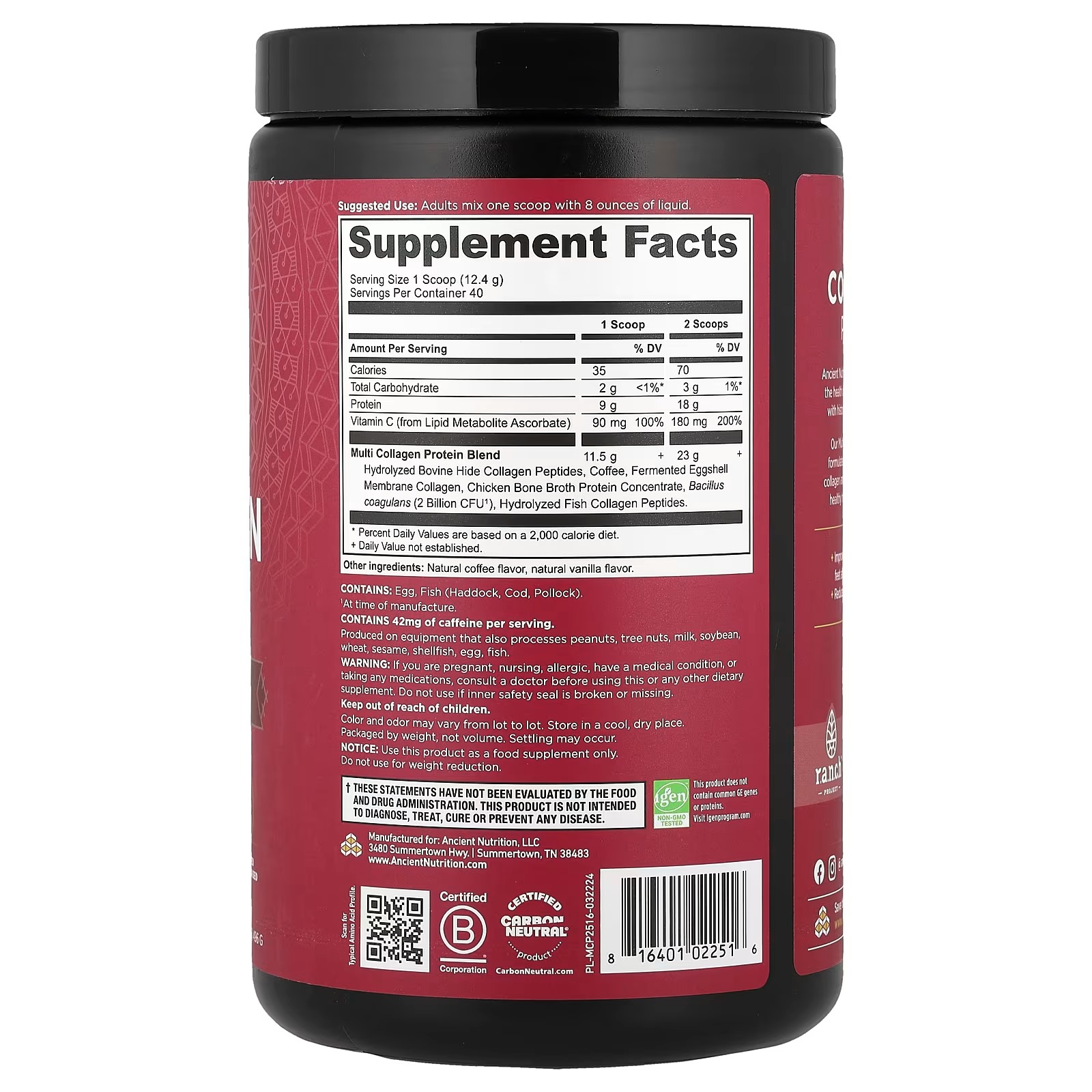 Ancient Nutrition Multi Collagen Protein 1.09 lb (496g) – Cold Brew Flavor, Collagen Protein Powder thumbnail 2
