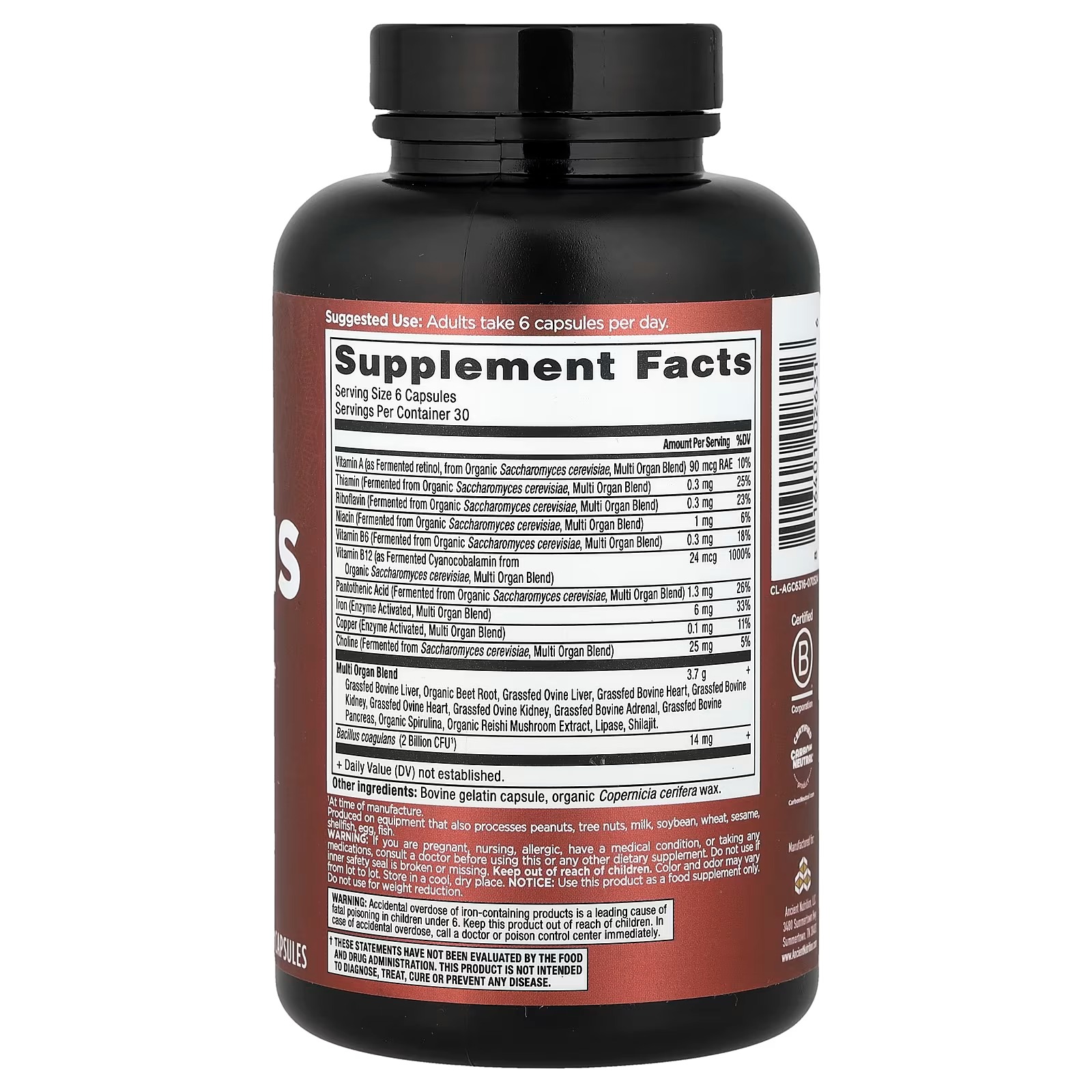 Ancient Nutrition Organs Blend 180 Capsules – Whole Food Organ Complex, Nutritional Supplement thumbnail 2