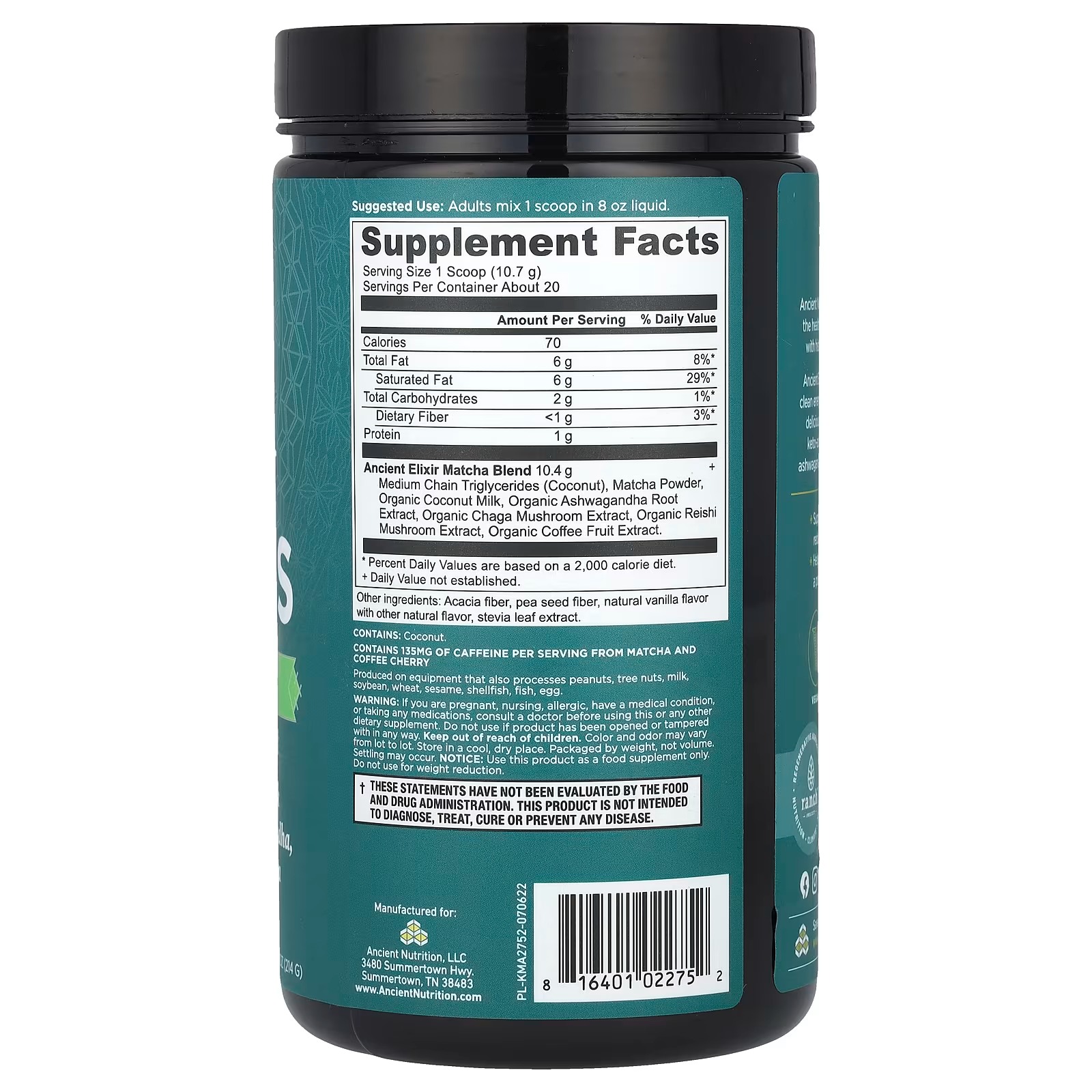 Ancient Nutrition Matcha Green Tea Powder with Ashwagandha – MCT Energy Powder, 20 Servings, Keto Friendly thumbnail 2