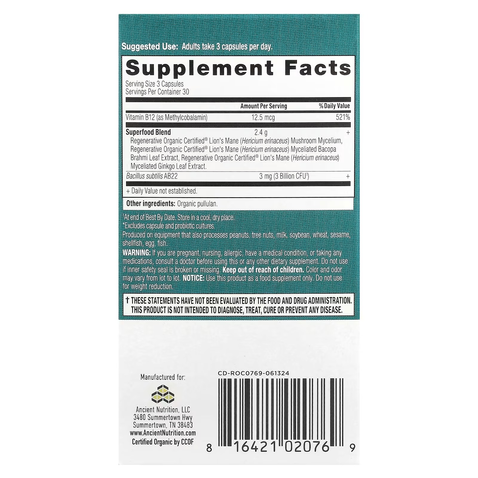 Ancient Nutrition Regenerative Organic Certified Focused Brain Capsules – Focus & Cognitive Support Supplement thumbnail 2