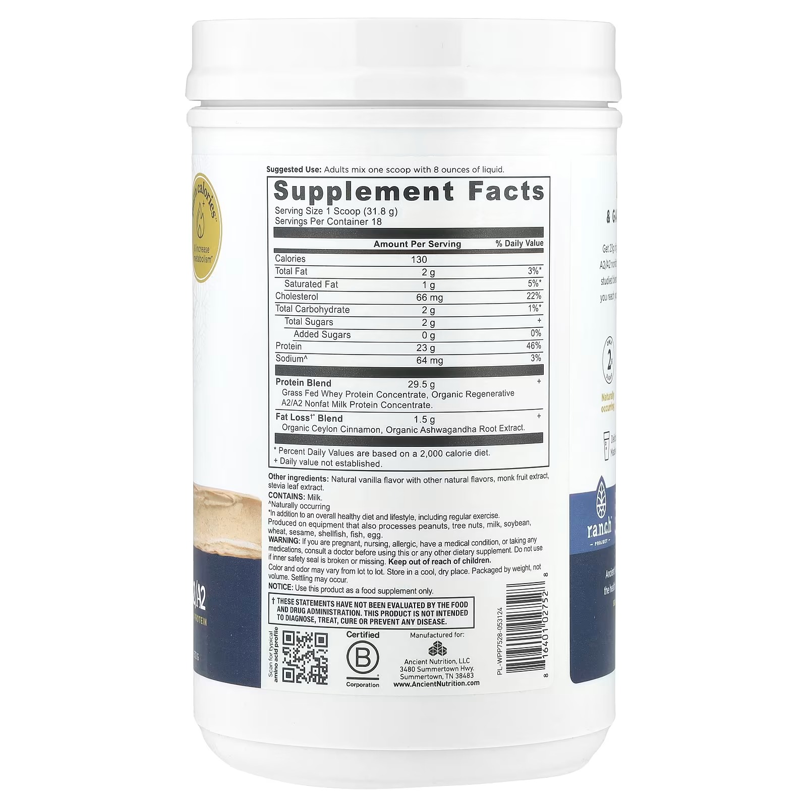 Ancient Nutrition Grass-Fed Whey Protein + Fat Loss Blend – Vanilla Cinnamon, Protein Supplement thumbnail 2