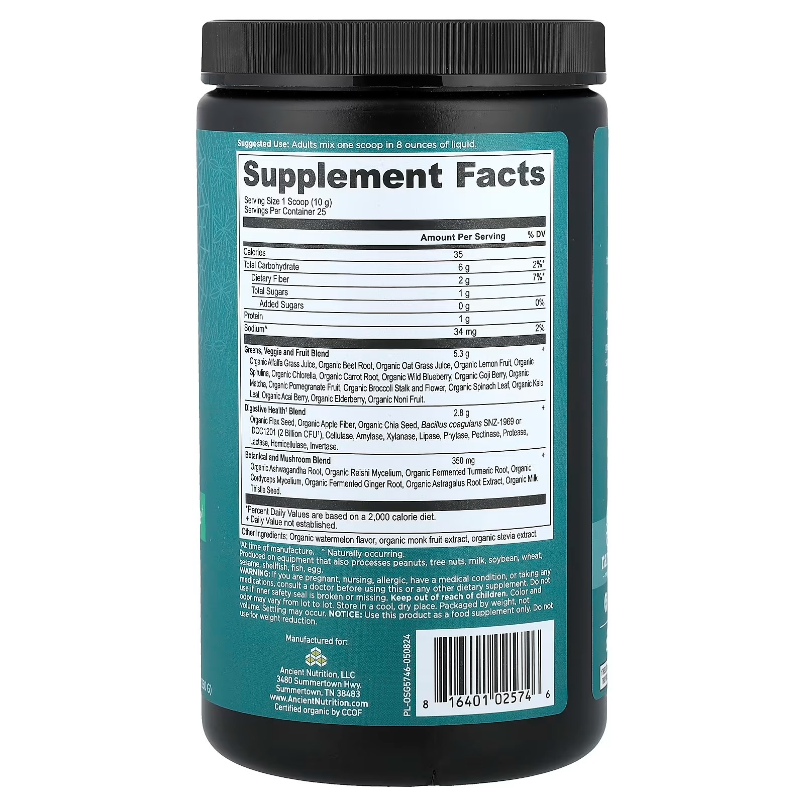 Ancient Nutrition Organic SuperGreens Powder with Probiotics – Peppermint, 25 Servings, Greens & Digestive Support thumbnail 2