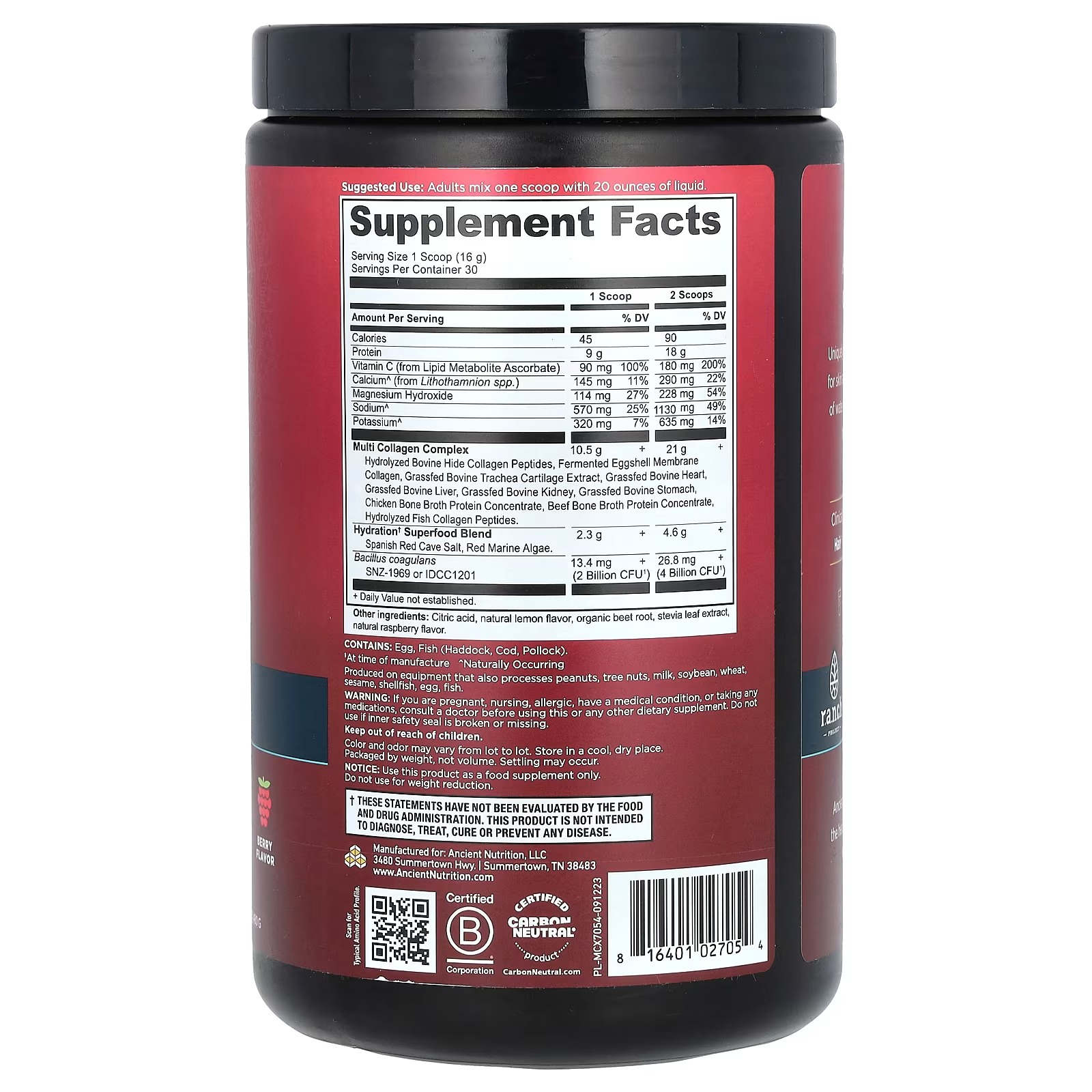 Ancient Nutrition Advanced Multi Collagen Peptides Hydrate – Mixed Berry, Collagen Drink Mix Supplement thumbnail 2