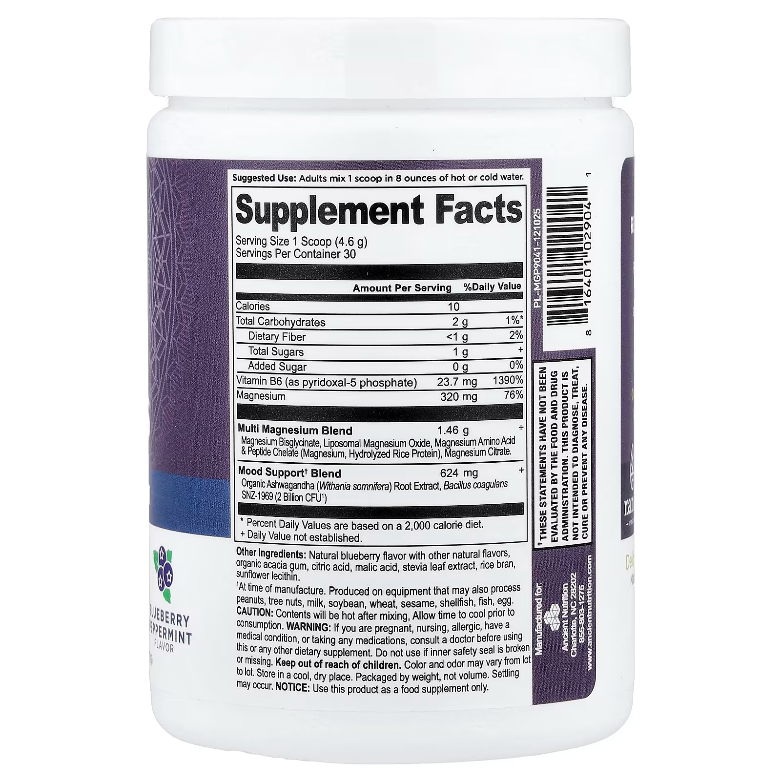 Ancient Nutrition Active Peptides Magnesium Powder – Blueberry Peppermint, 4.83 oz (137g), Magnesium Supplement thumbnail 2
