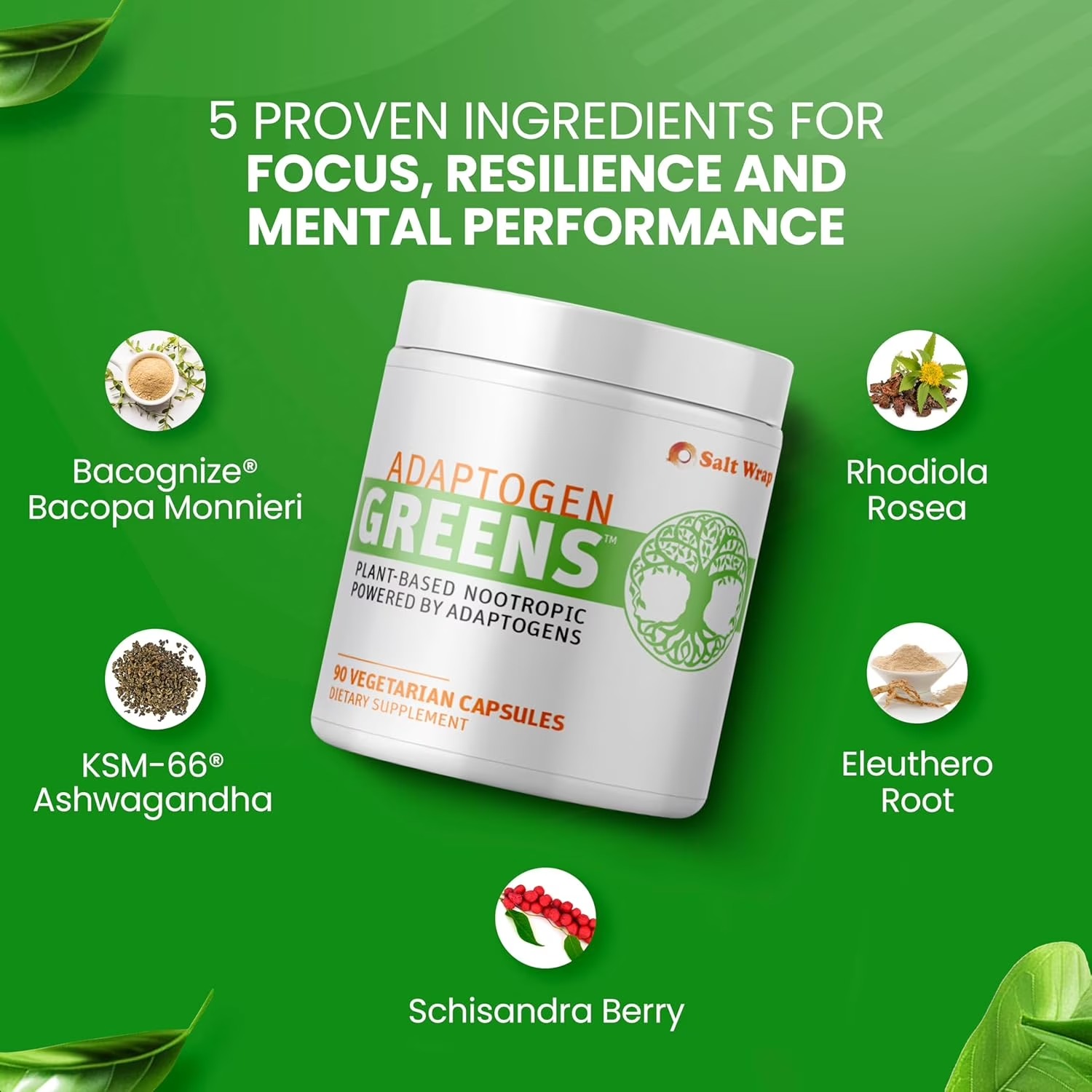 SaltWrap Adaptogen Greens Capsules – Caffeine-Free Adaptogen Formula thumbnail 5