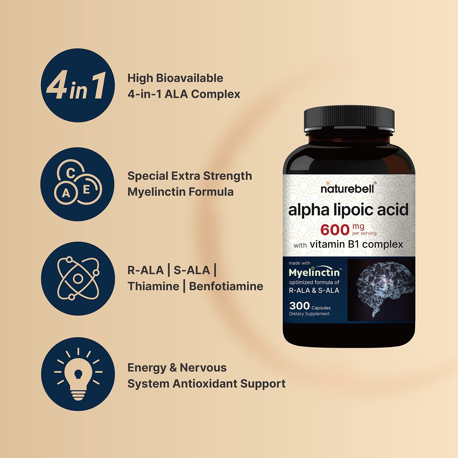 NatureBell Alpha Lipoic Acid 600mg with Vitamin B1 Complex – 300 Capsules thumbnail 3