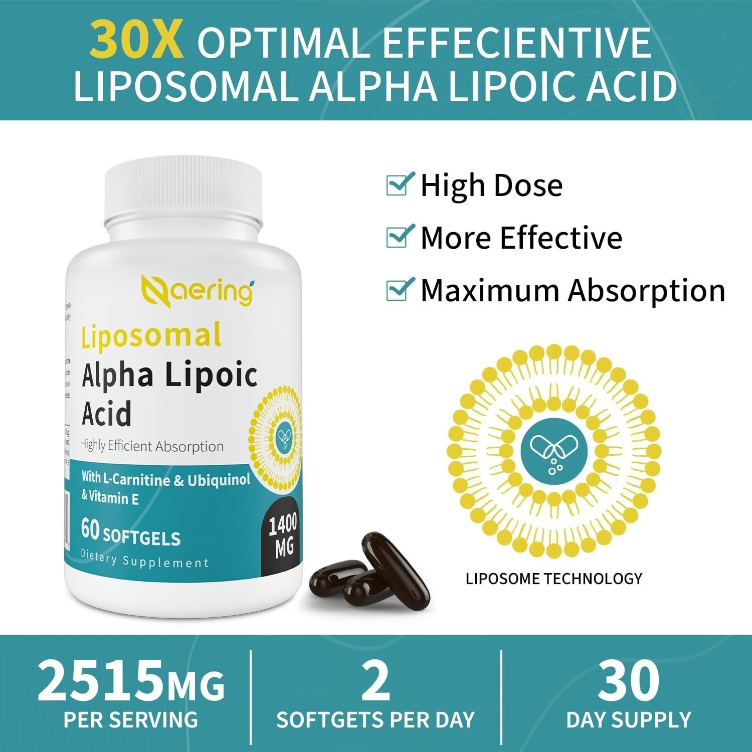 Liposomal Alpha Lipoic Acid 1400mg Softgels – High Potency ALA thumbnail 4