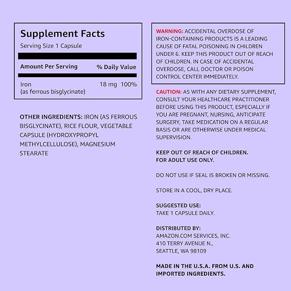 Amazon Elements Vegan Iron 18mg – 195 Capsules, 6 Month Supply thumbnail 2