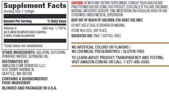Amazon Elements Vitamin E Supplement – 400 IU, 100 Softgels thumbnail 3