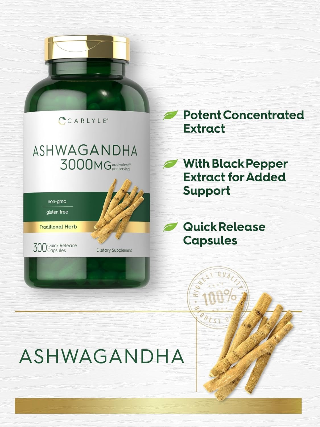 Carlyle Ashwagandha Supplement for Women & Men – 300 Capsules thumbnail 5