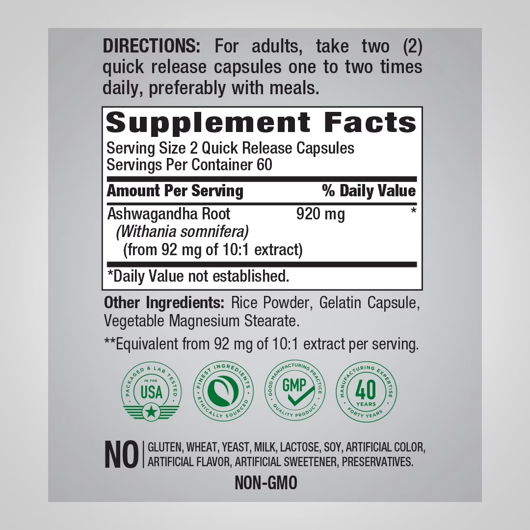 Piping Rock Ashwagandha Root Extract Supplement – 120 Capsules thumbnail 2