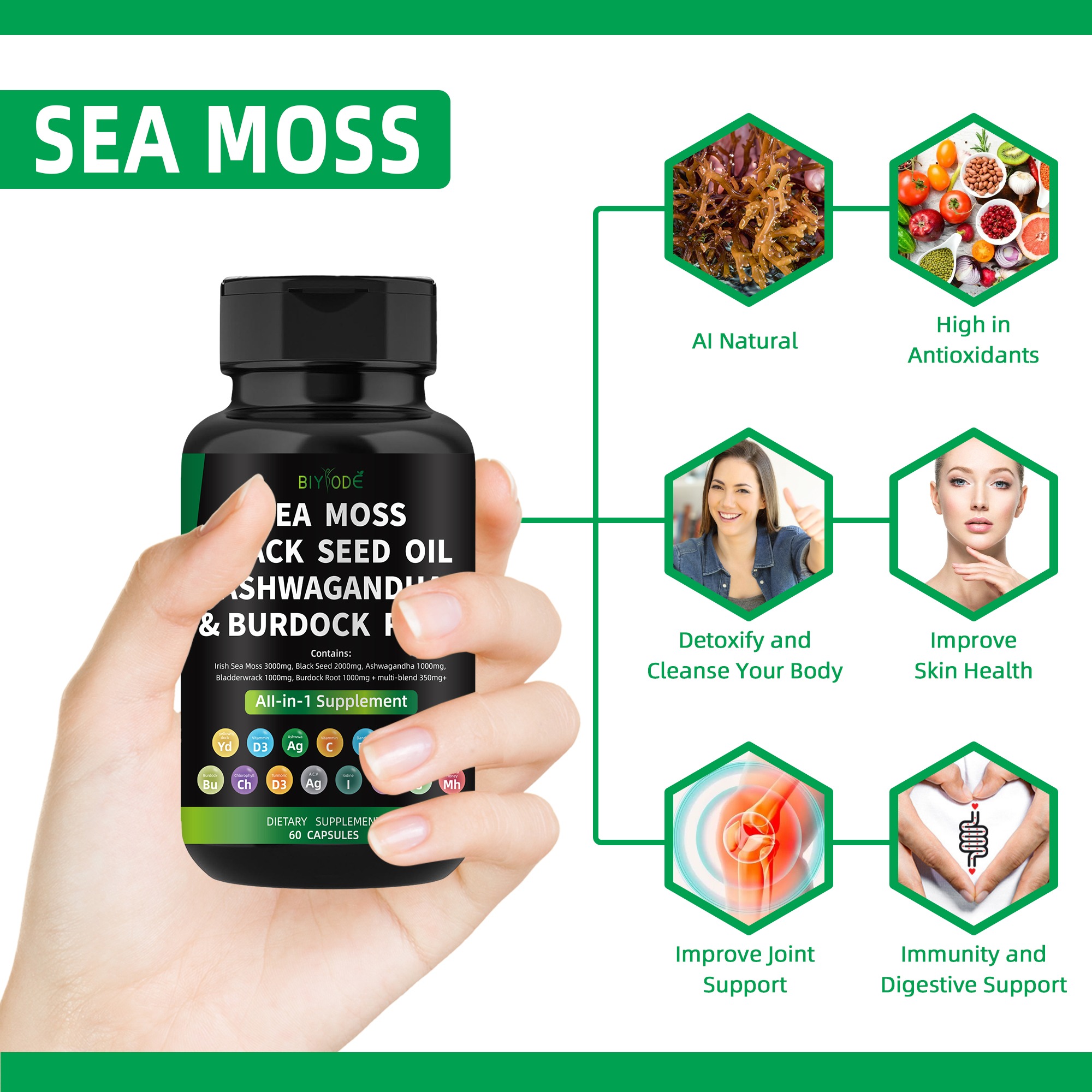 Sea Moss & Black Seed Oil 2000mg with Ashwagandha Capsules thumbnail 2
