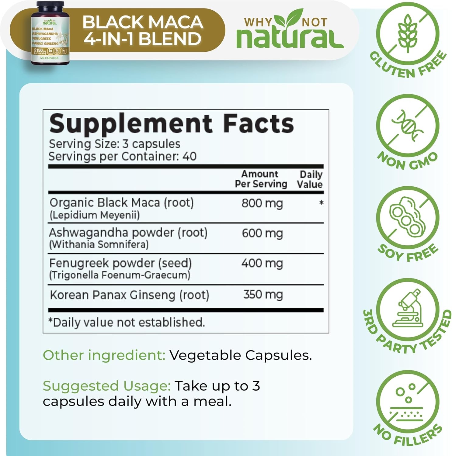 Why Not Natural 4-in-1 Organic Black Maca Root Ashwagandha Capsules thumbnail 3