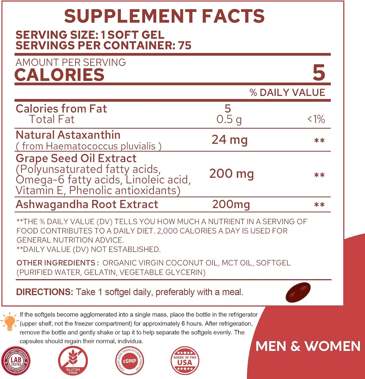 Astaxanthin 24mg 150 Softgels with Coconut MCT & Grape Seed Oil thumbnail 3