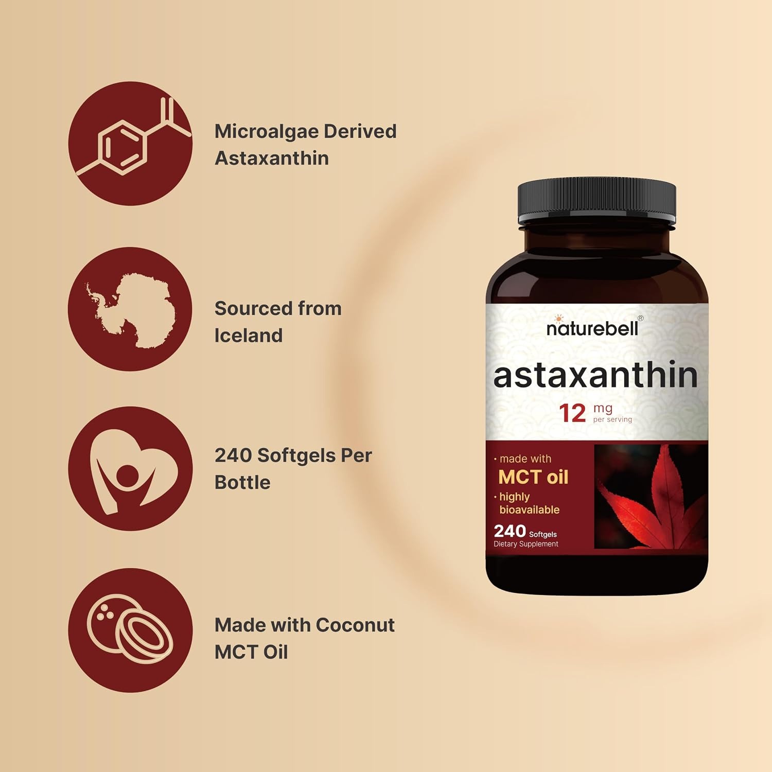 NatureBell Astaxanthin 12mg Non-GMO Gluten-Free 240 Softgels thumbnail 4
