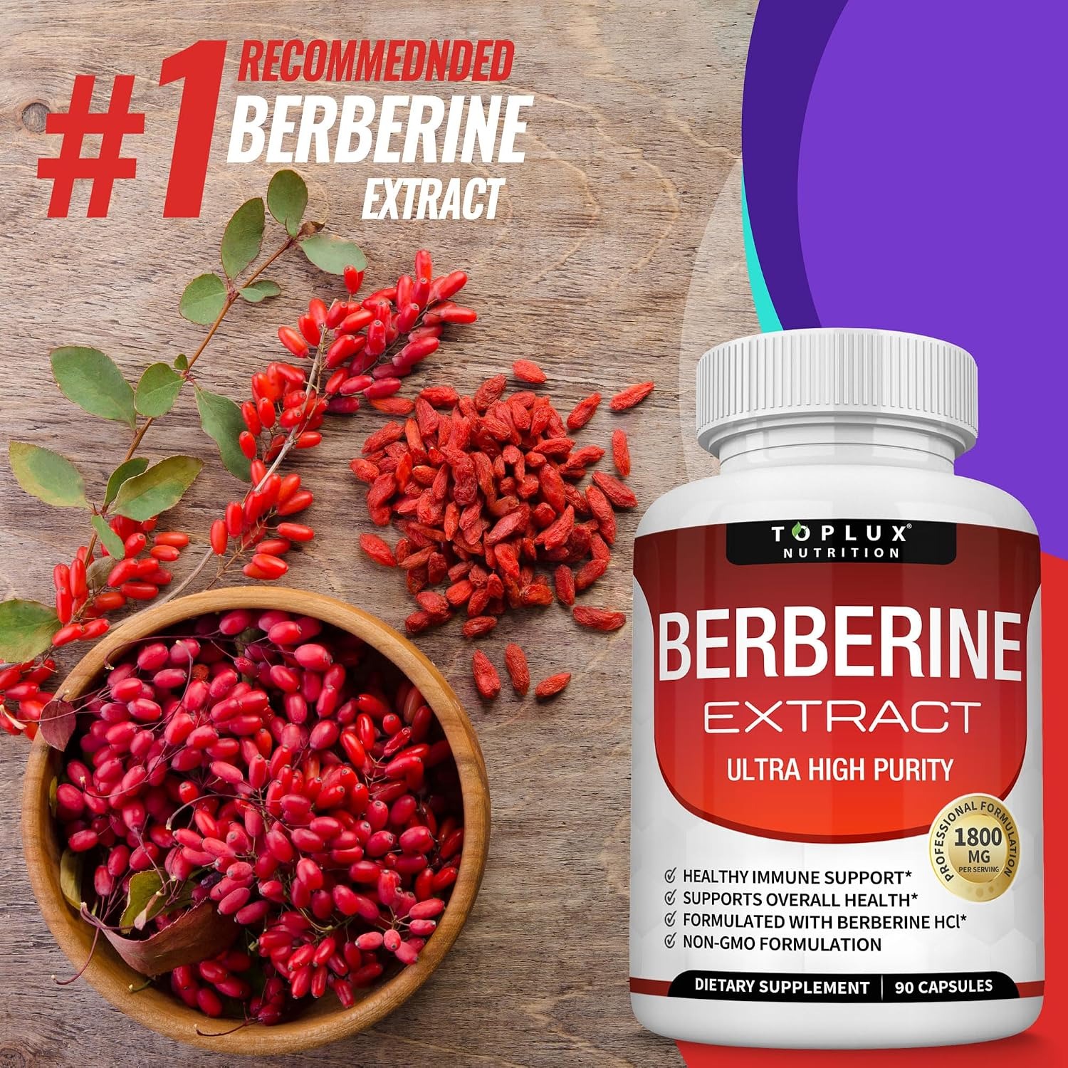 Toplux Berberine 1800mg HCL 97% High Purity Premium Supplement thumbnail 3