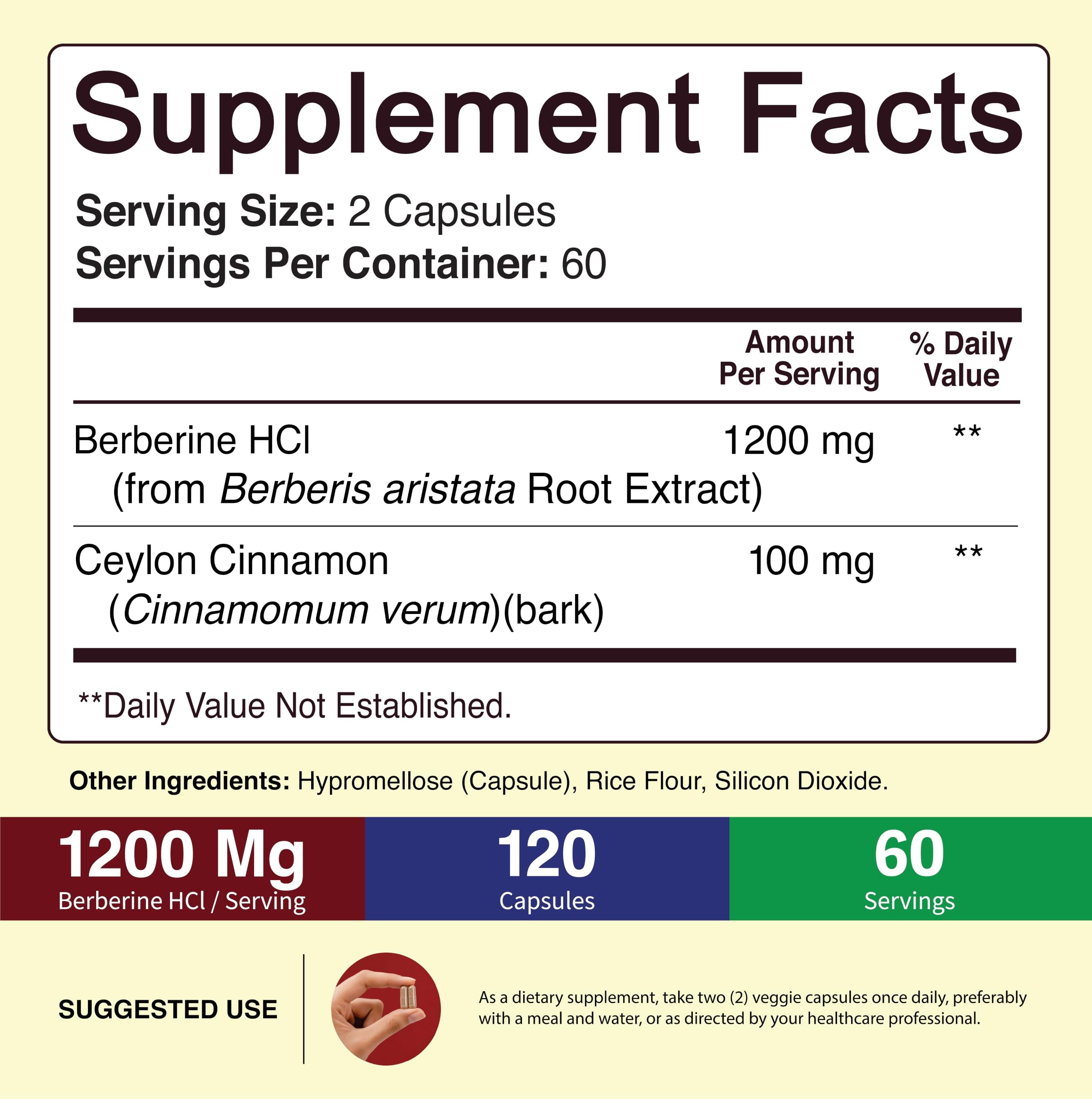 NutriFlair Berberine HCl 1200mg with Ceylon Cinnamon | 120 Capsules thumbnail 2