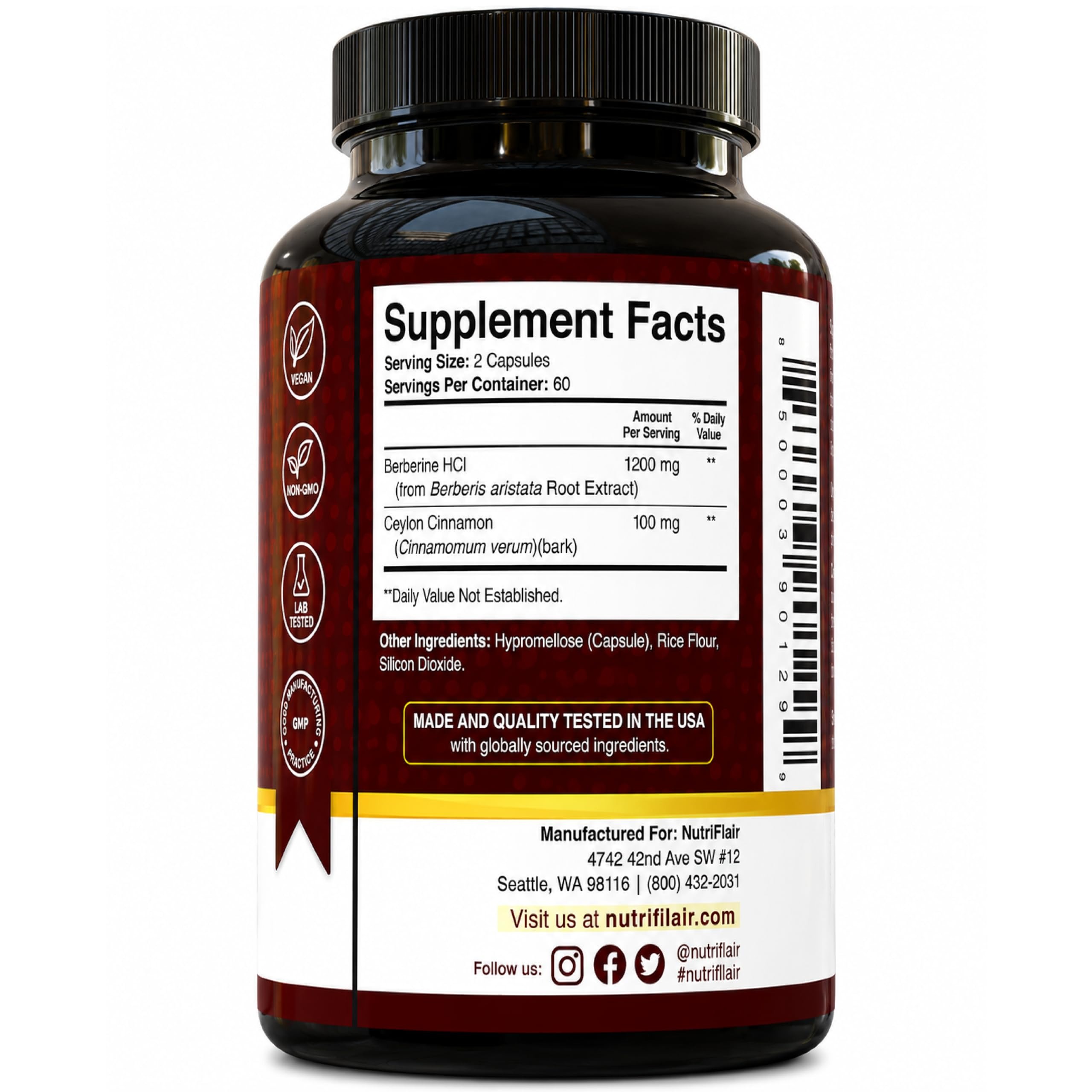 NutriFlair Berberine HCl 1200mg with Ceylon Cinnamon | 120 Capsules thumbnail 5