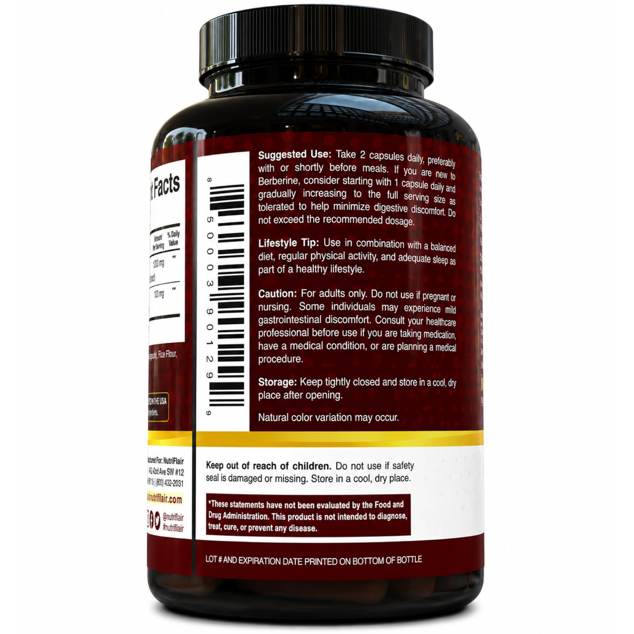 NutriFlair Berberine HCl 1200mg with Ceylon Cinnamon | 120 Capsules thumbnail 3