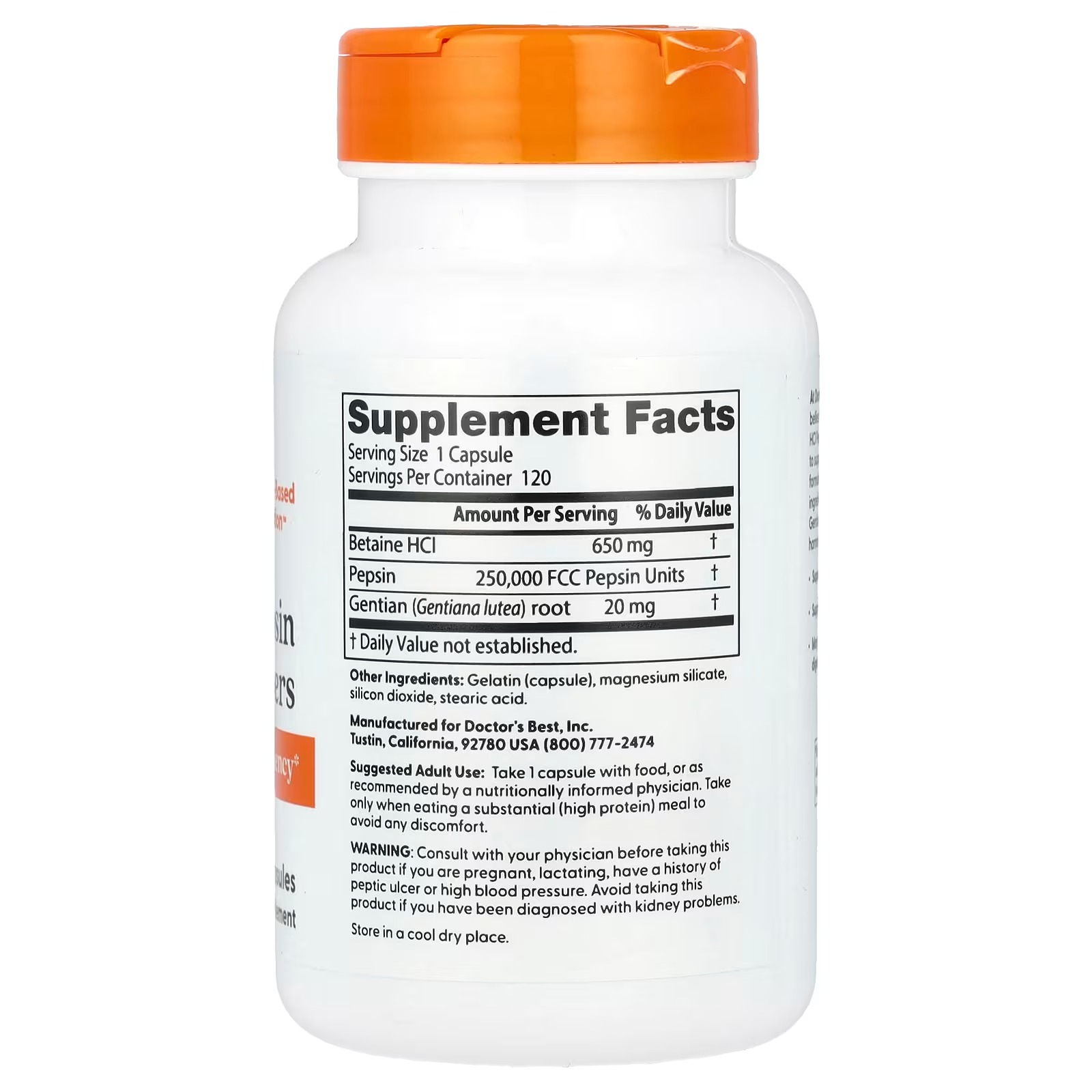 Doctor's Best Betaine HCl Pepsin & Gentian Bitters | 120 Capsules thumbnail 3
