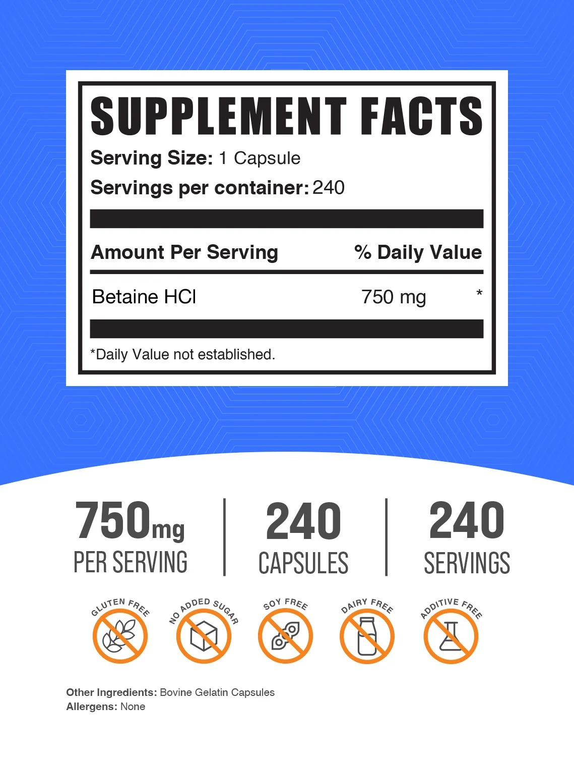Betaine HCl 750mg Capsules | Digestive Support Supplement | 240 Count thumbnail 2