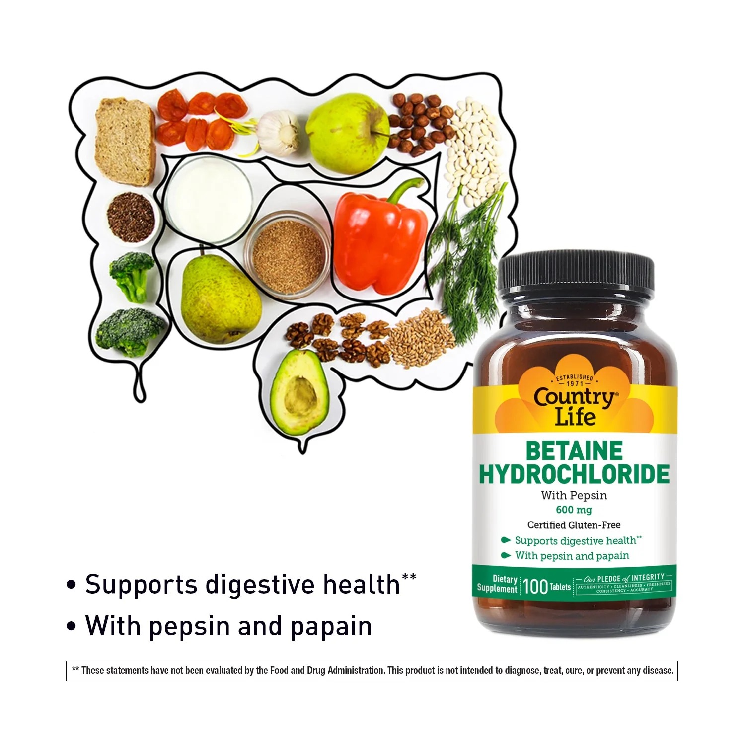 Country Life Betaine Hydrochloride with Pepsin 600mg | 250 Tablets thumbnail 2