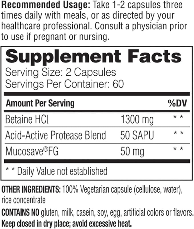Enzymedica Betaine HCl for Men & Women | Indigestion Support | 120 Capsules thumbnail 2