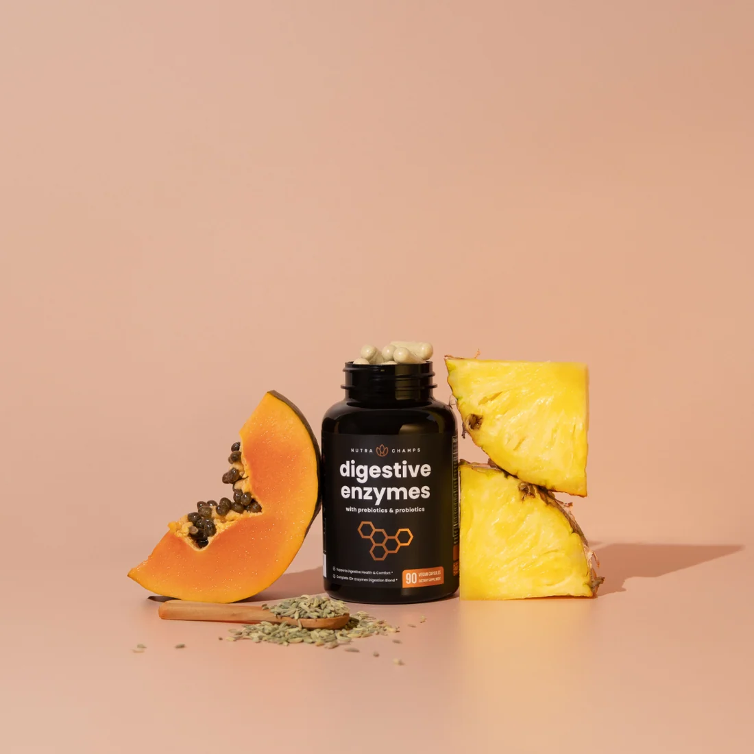 NutraChamps Digestive Enzymes with Prebiotics & Probiotics | 180 Vegan Capsules thumbnail 2