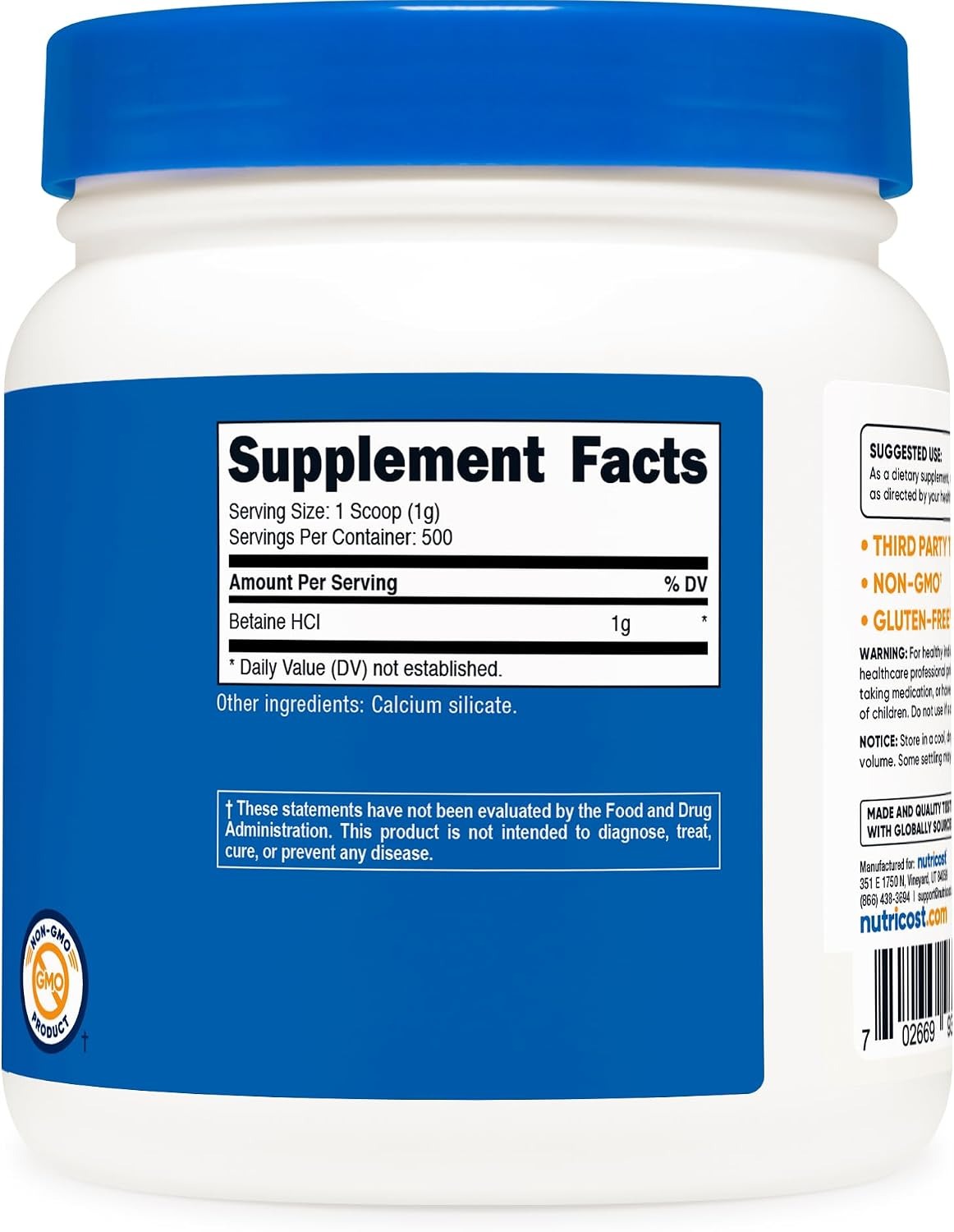 Nutricost Betaine HCl Powder 500g | 1g Per Serving | Digestive Support thumbnail 3